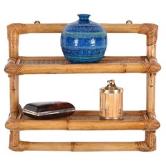 Vintage French Riviera Two-Tier Wall Shelf in Rattan and Bamboo, Italy 1970s