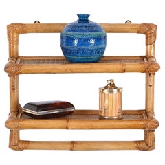 French Riviera Two-Tier Wall Shelf in Rattan and Bamboo, Italy 1970s