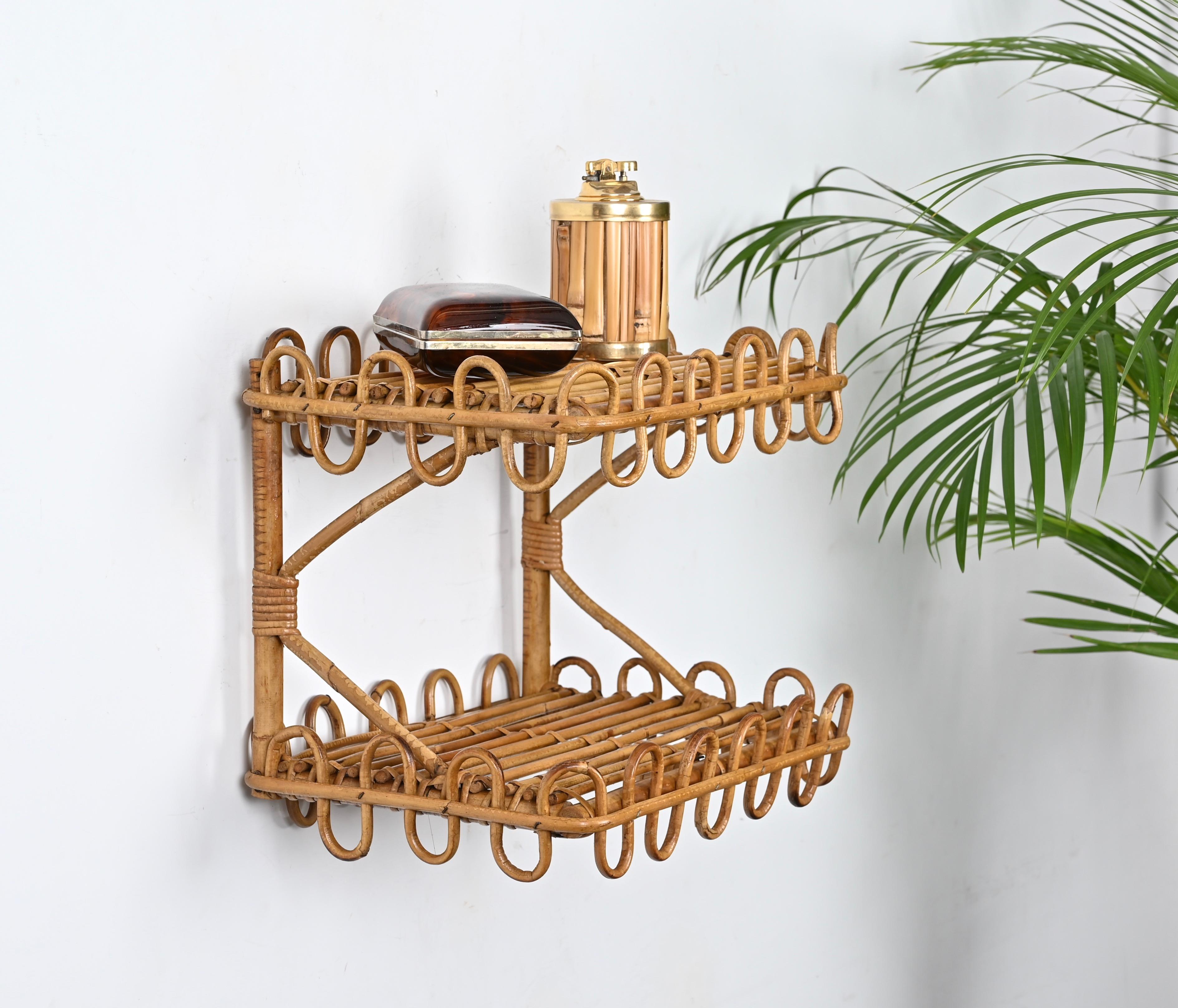 French Riviera Two-Tier Wall Shelf in Rattan, Wicker and Bamboo, Italy 1970s 3