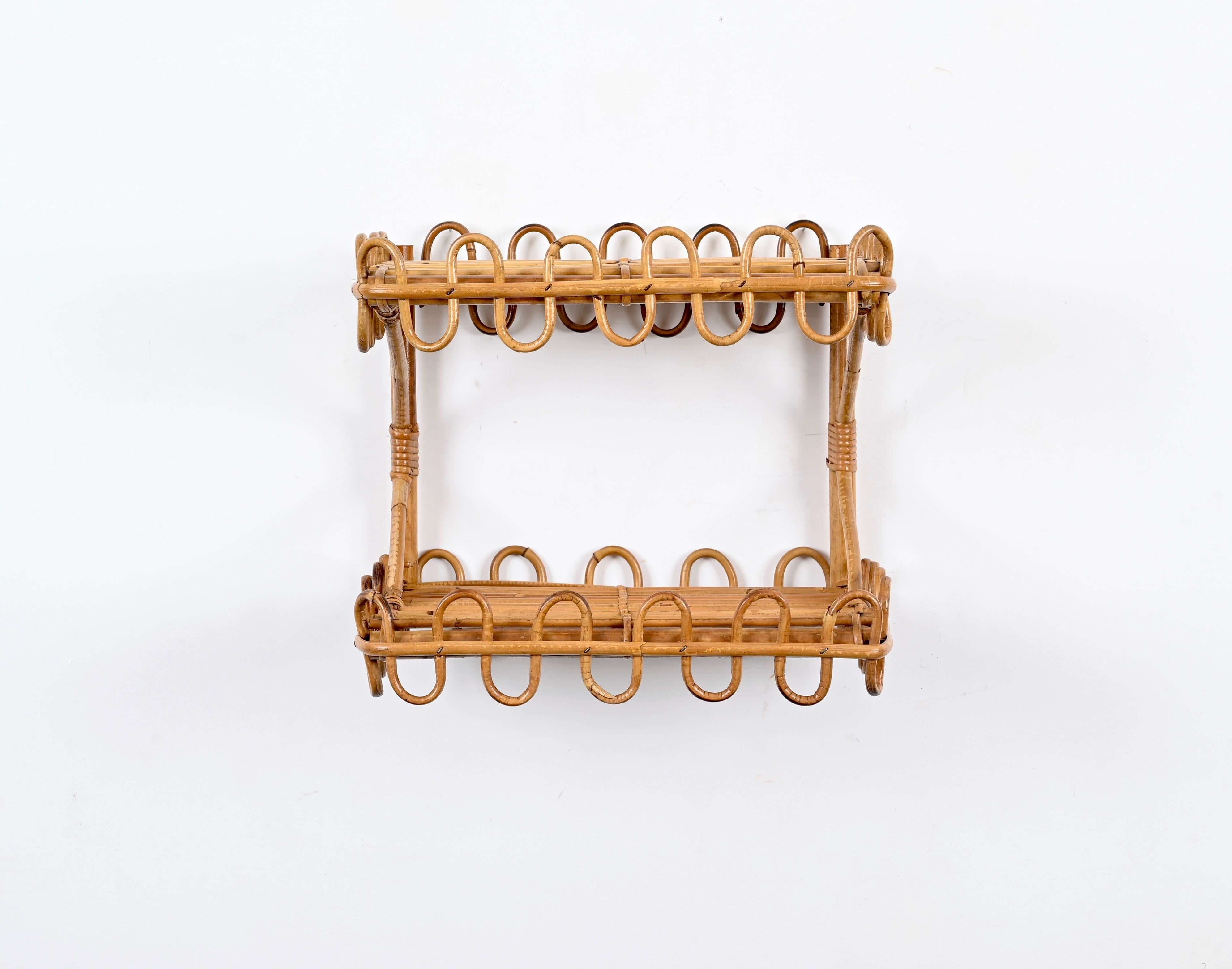 French Riviera Two-Tier Wall Shelf in Rattan, Wicker and Bamboo, Italy 1970s 4