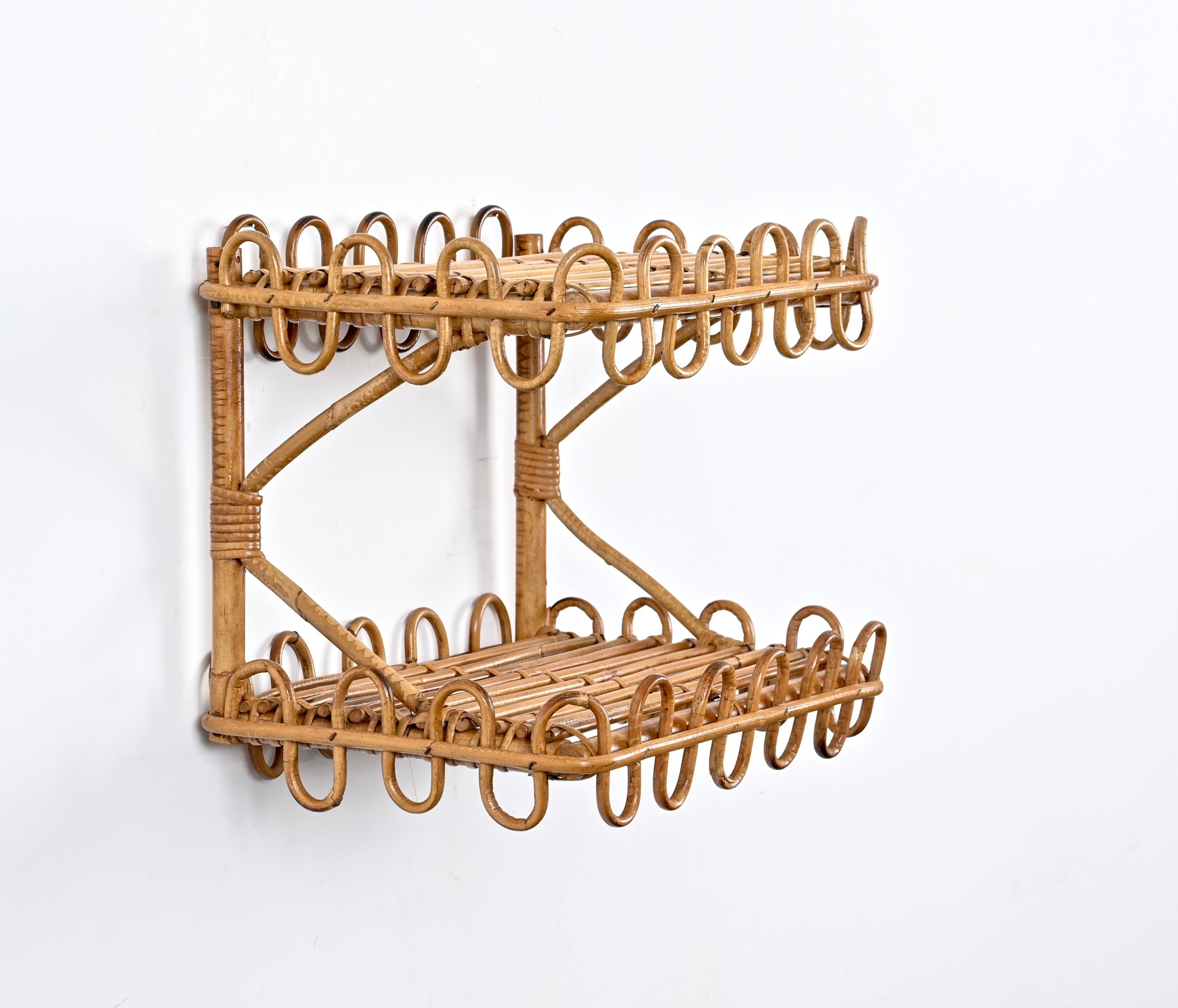 Italian French Riviera Two-Tier Wall Shelf in Rattan, Wicker and Bamboo, Italy 1970s