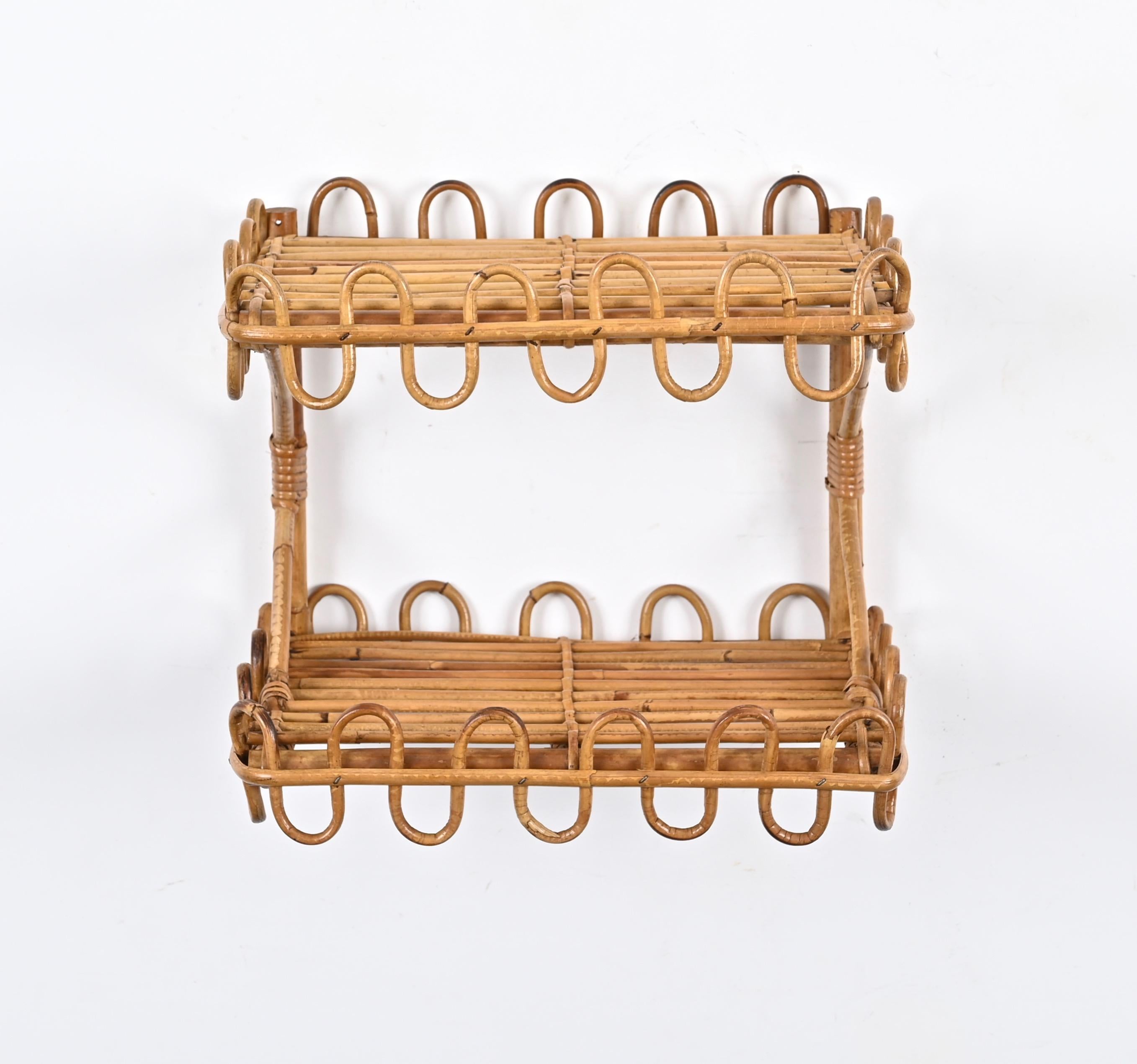 Hand-Crafted French Riviera Two-Tier Wall Shelf in Rattan, Wicker and Bamboo, Italy 1970s