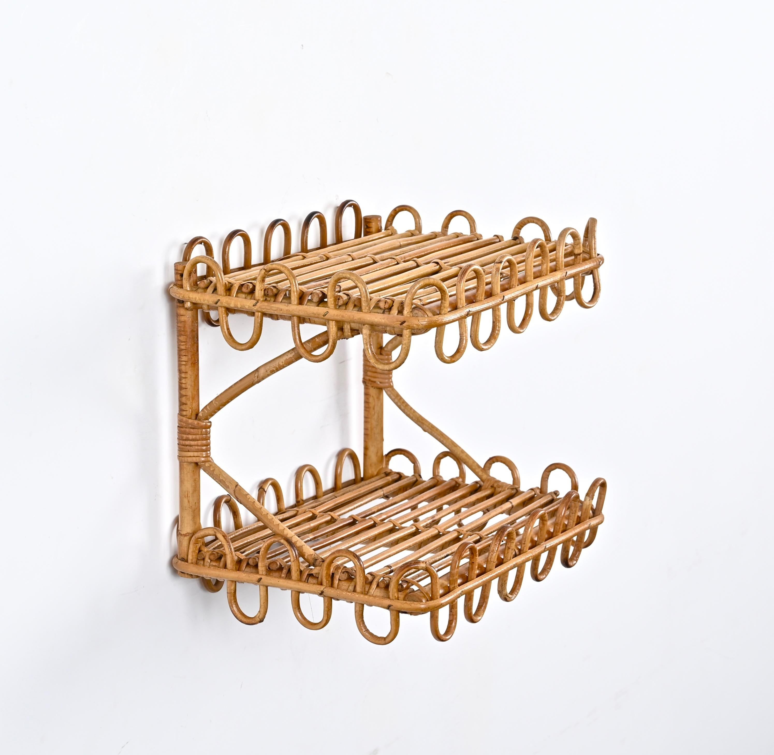 20th Century French Riviera Two-Tier Wall Shelf in Rattan, Wicker and Bamboo, Italy 1970s
