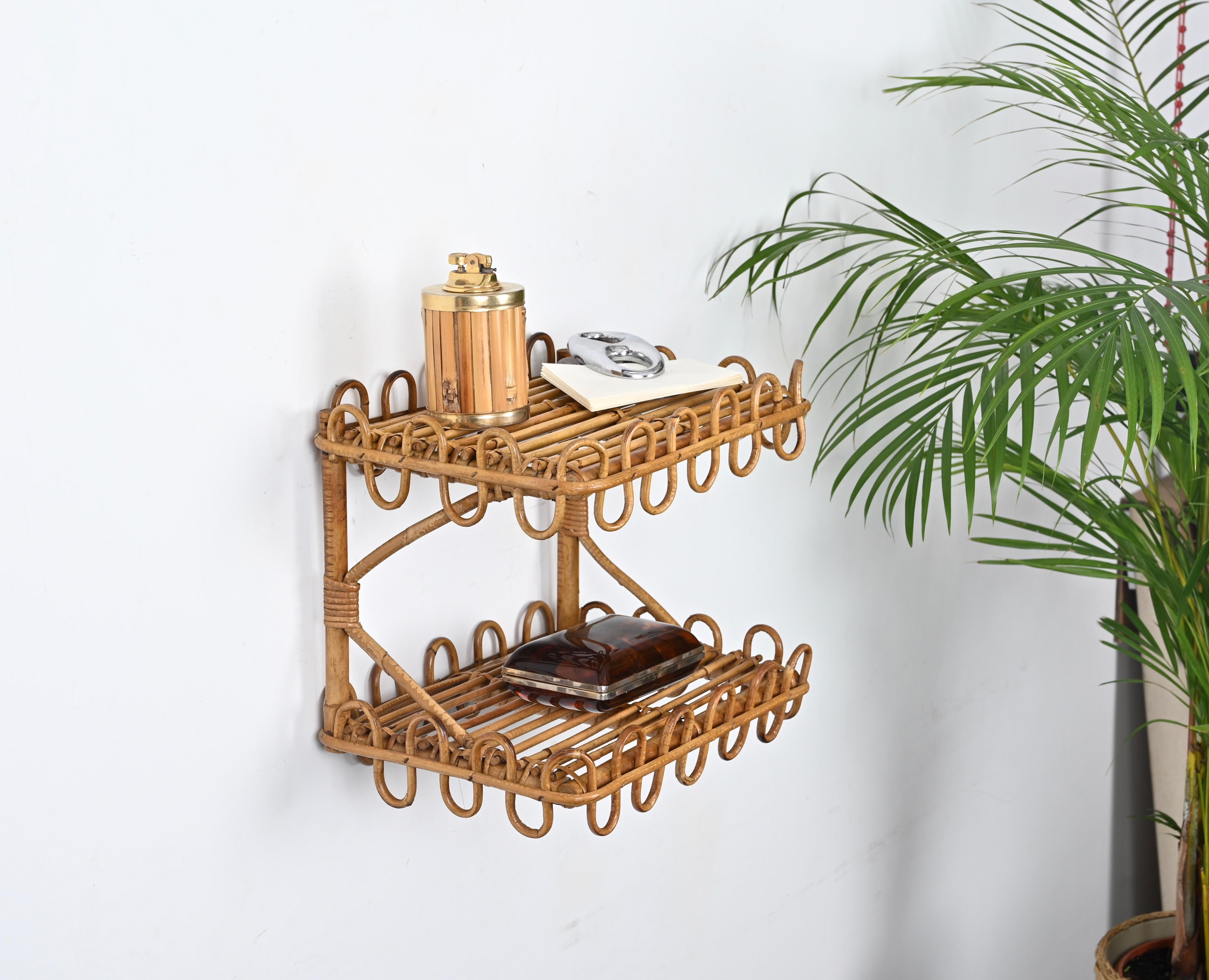 French Riviera Two-Tier Wall Shelf in Rattan, Wicker and Bamboo, Italy 1970s 1