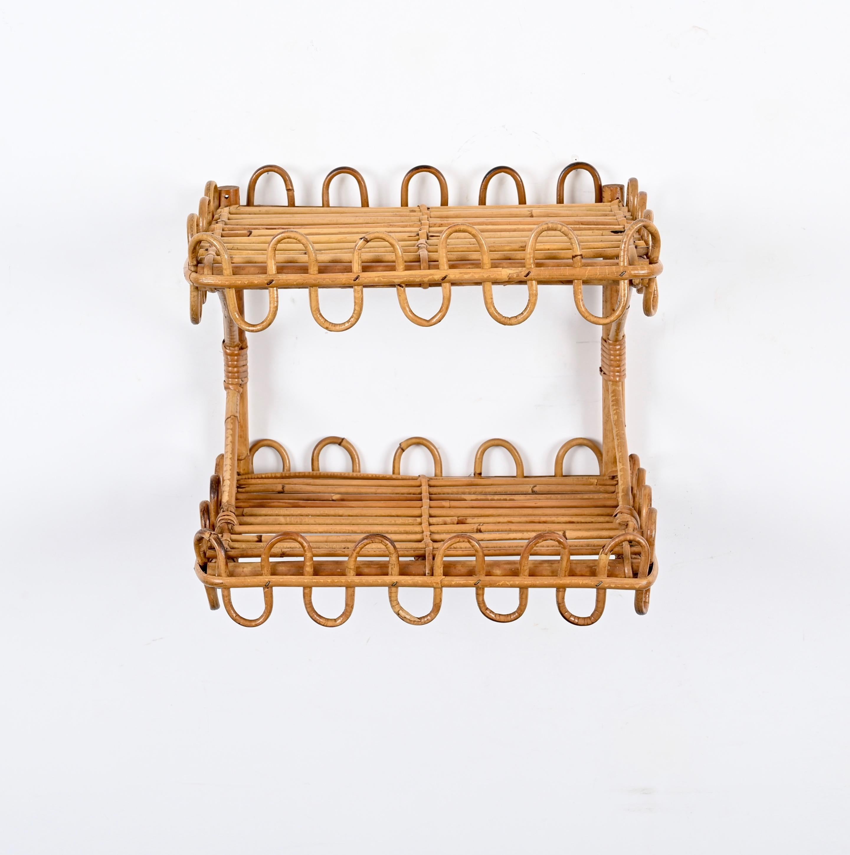 French Riviera Two-Tier Wall Shelf in Rattan, Wicker and Bamboo, Italy 1970s 2