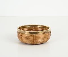 French Riviera Vide-Poche or Bowl in Rattan, Brass and Wicker, Italy 1970s