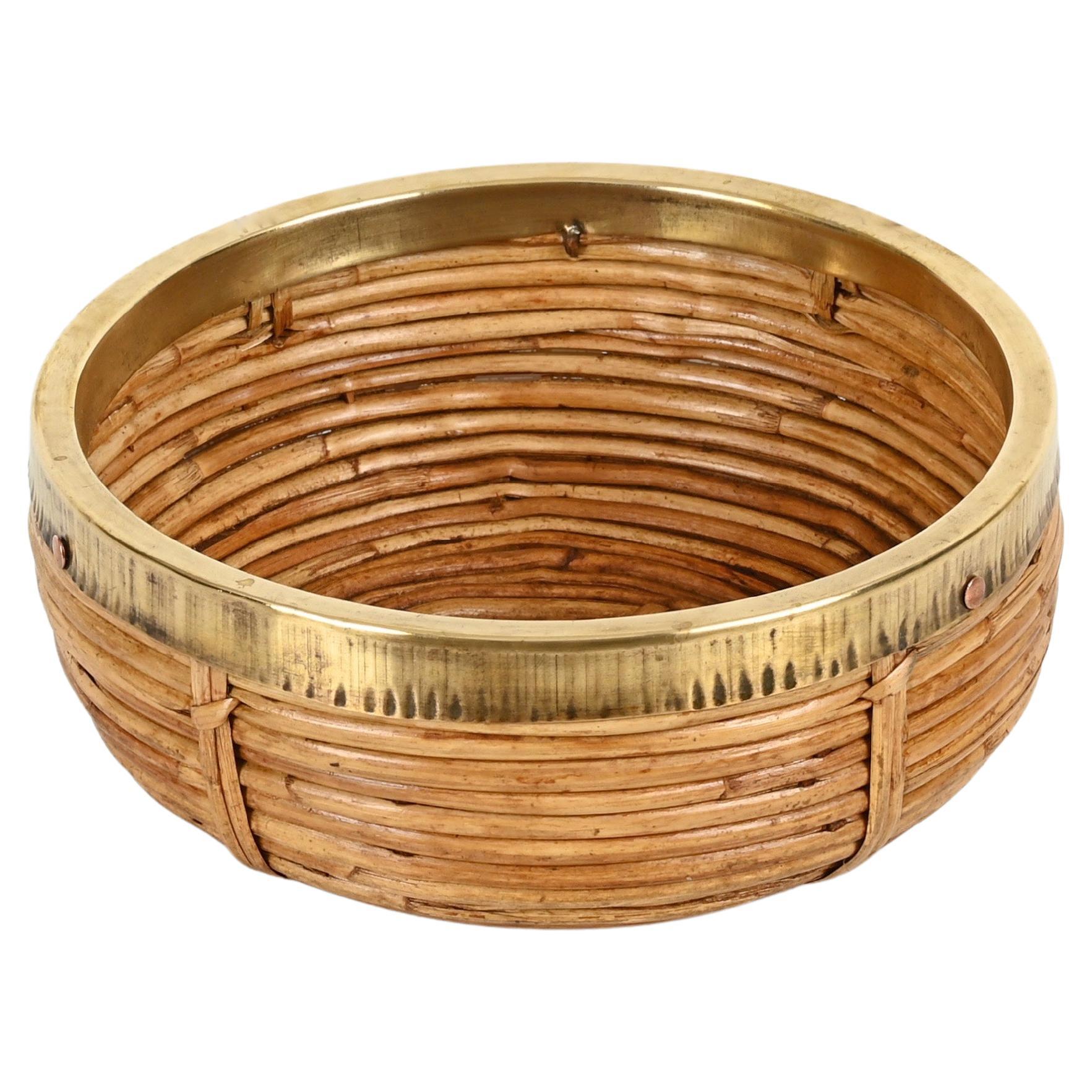 French Riviera Vide-Poche or Bowl in Rattan, Brass and Wicker, Italy 1970s