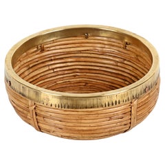 French Riviera Vide-Poche or Bowl in Rattan, Brass and Wicker, Italy 1970s