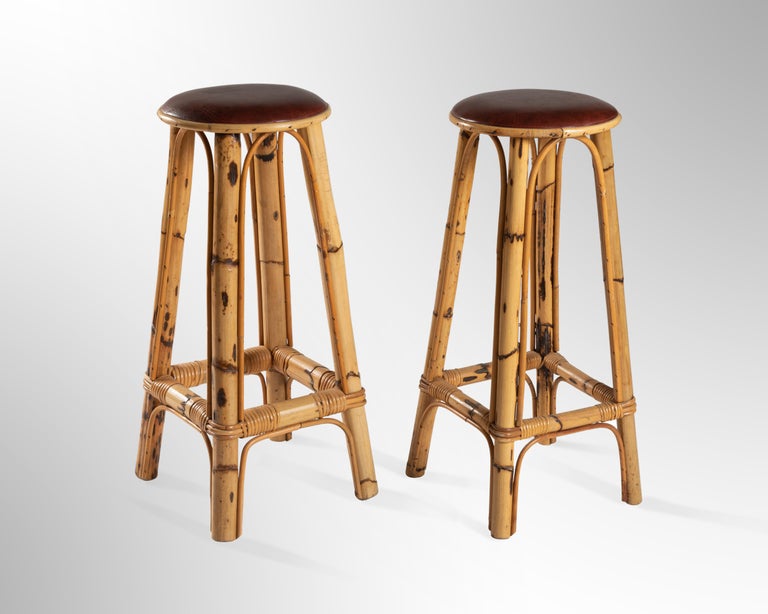 French Riviera Vintage Bambou Bar and Pair of Stools For Sale at 1stDibs