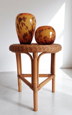 Vintage French Riviera Wicker and Bamboo Side Table, Handmade, 1960s