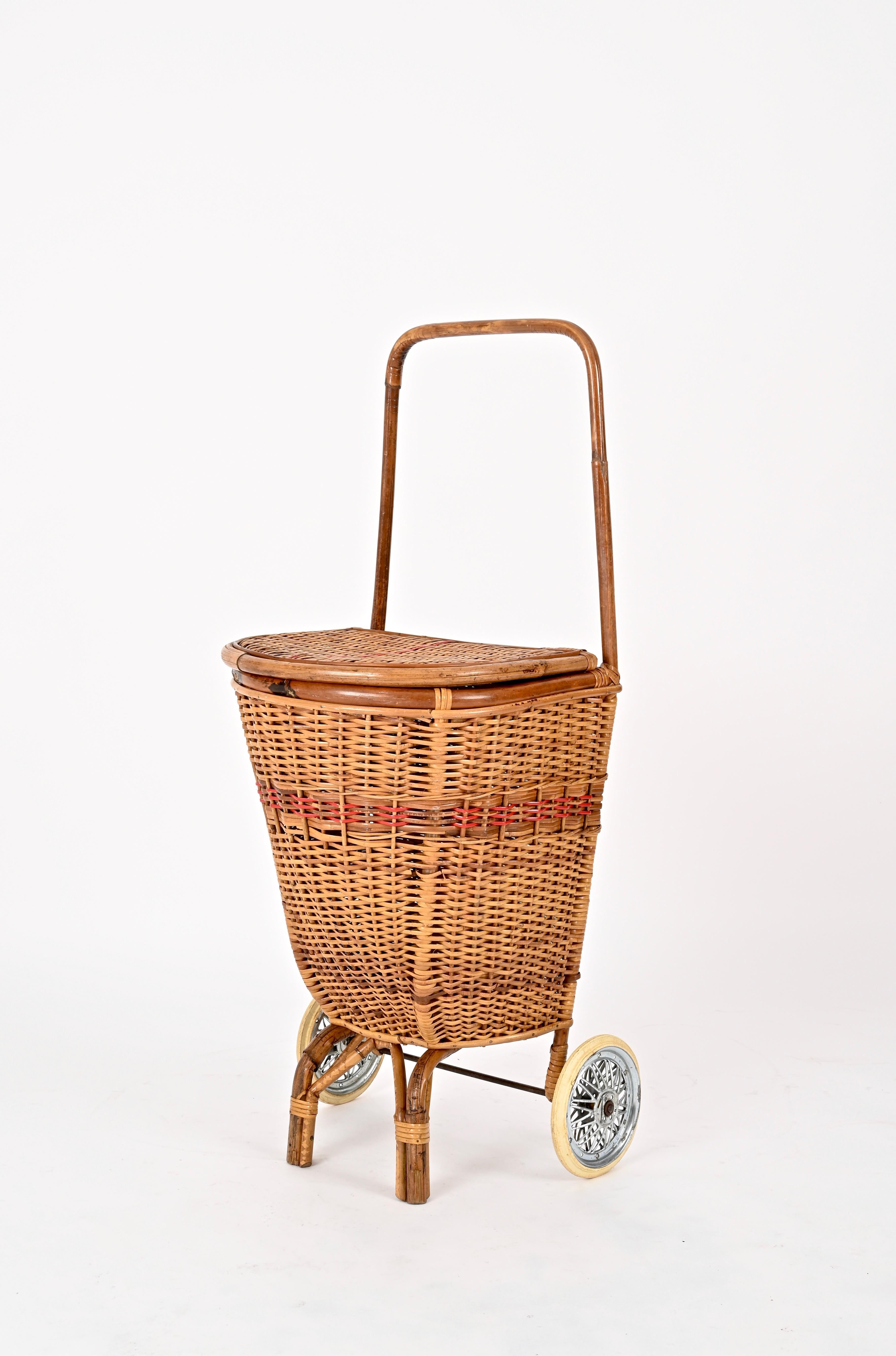 20th Century French Riviera  Woven Wicker and Rattan Shopping Trolley, Basket, Italy 1960s