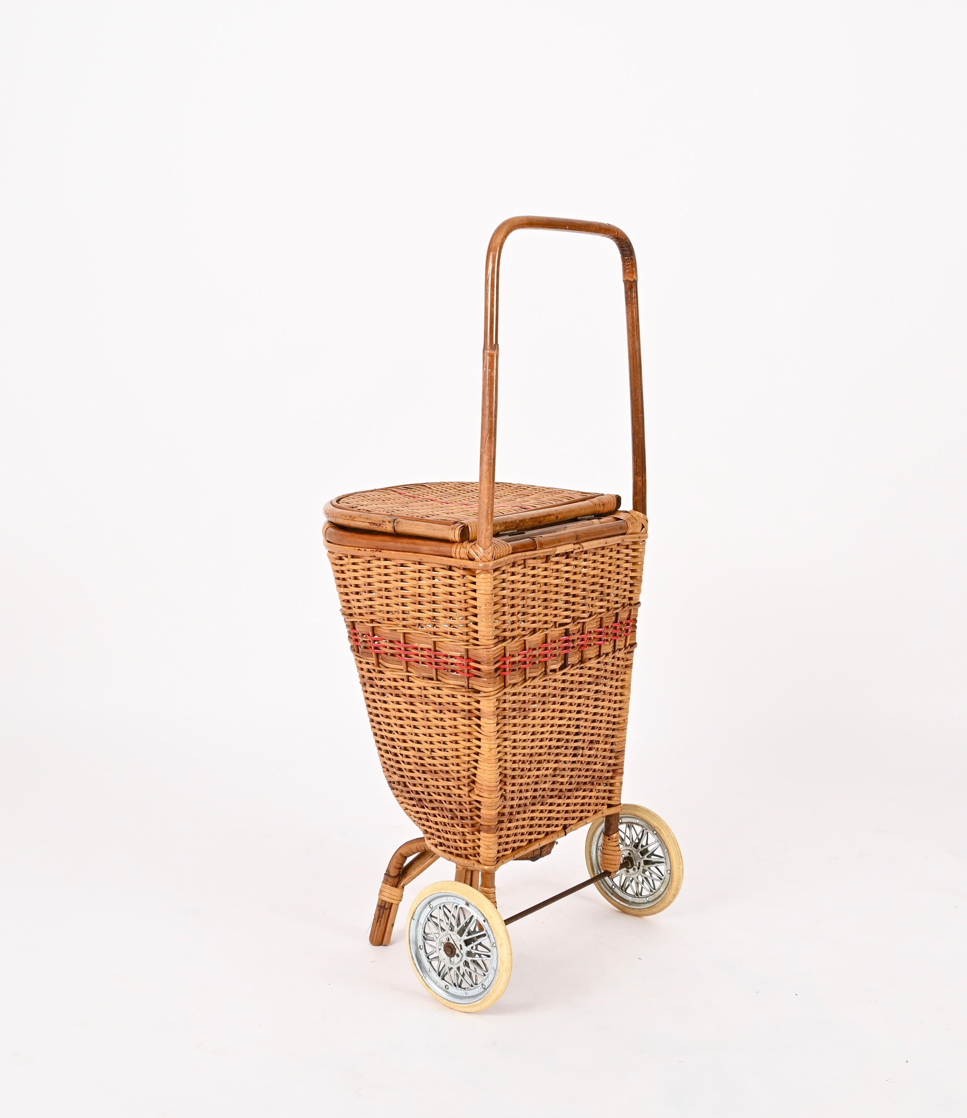 Metal French Riviera  Woven Wicker and Rattan Shopping Trolley, Basket, Italy 1960s