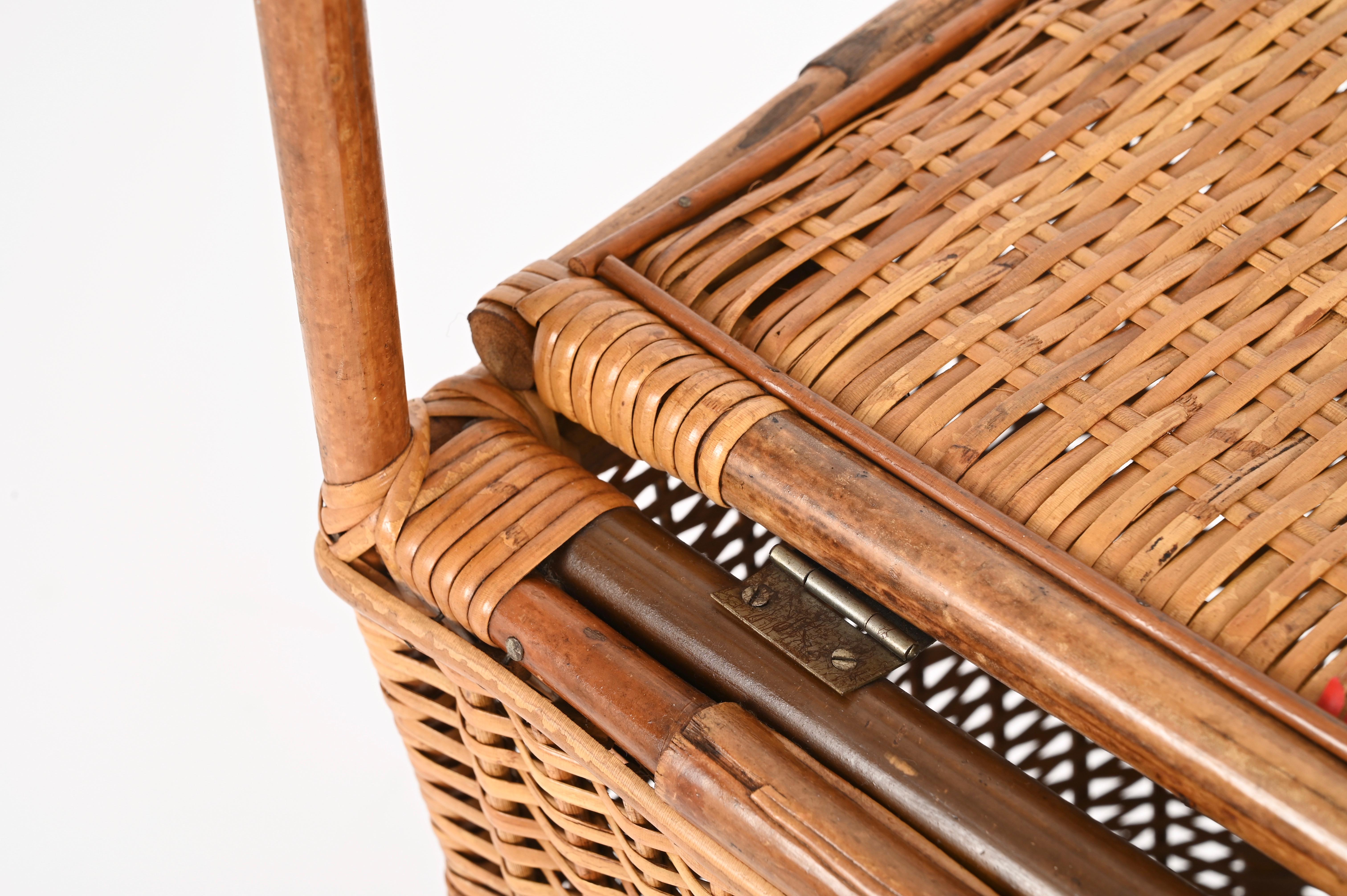 French Riviera  Woven Wicker and Rattan Shopping Trolley, Basket, Italy 1960s 1