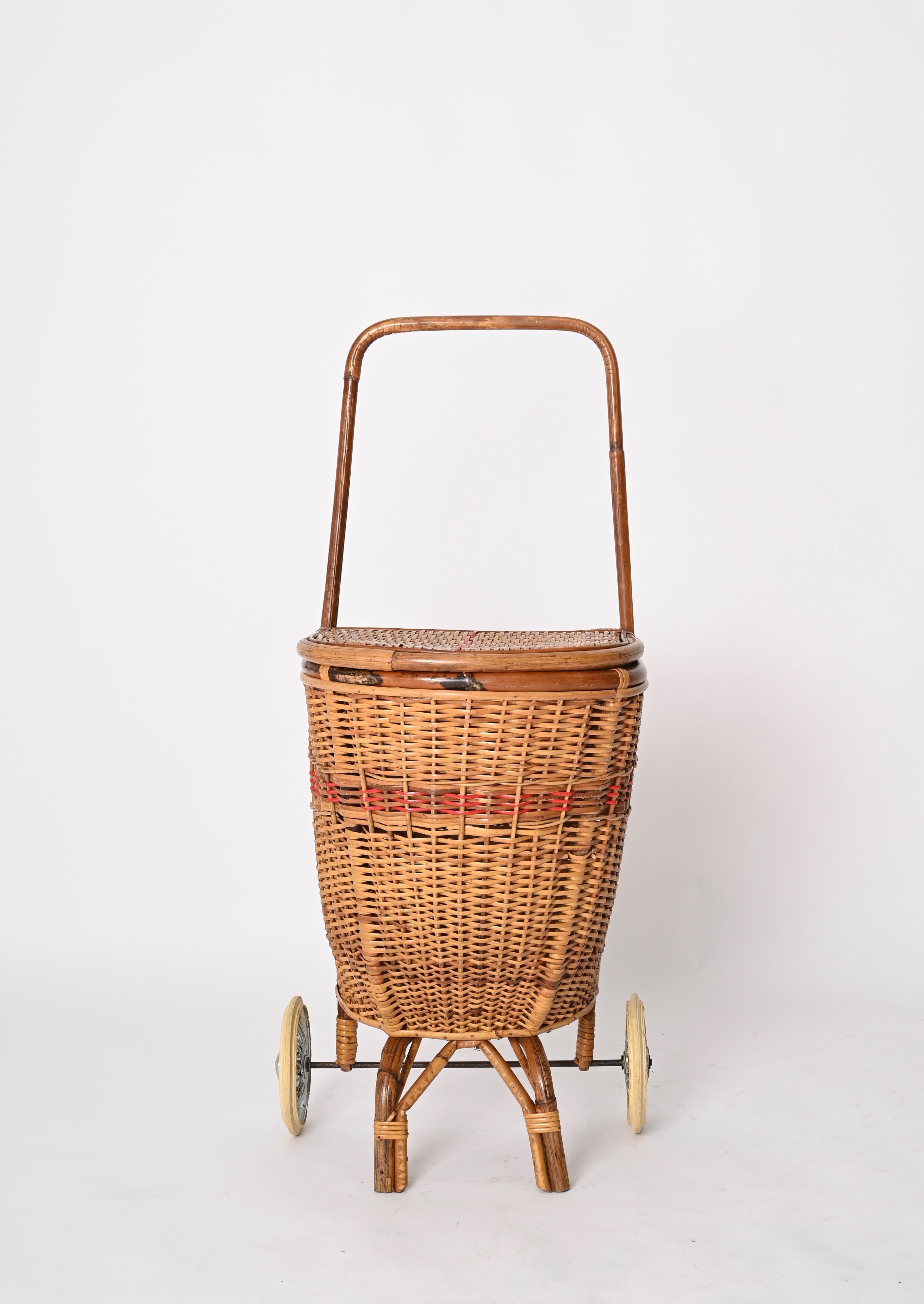 French Riviera  Woven Wicker and Rattan Shopping Trolley, Basket, Italy 1960s 4