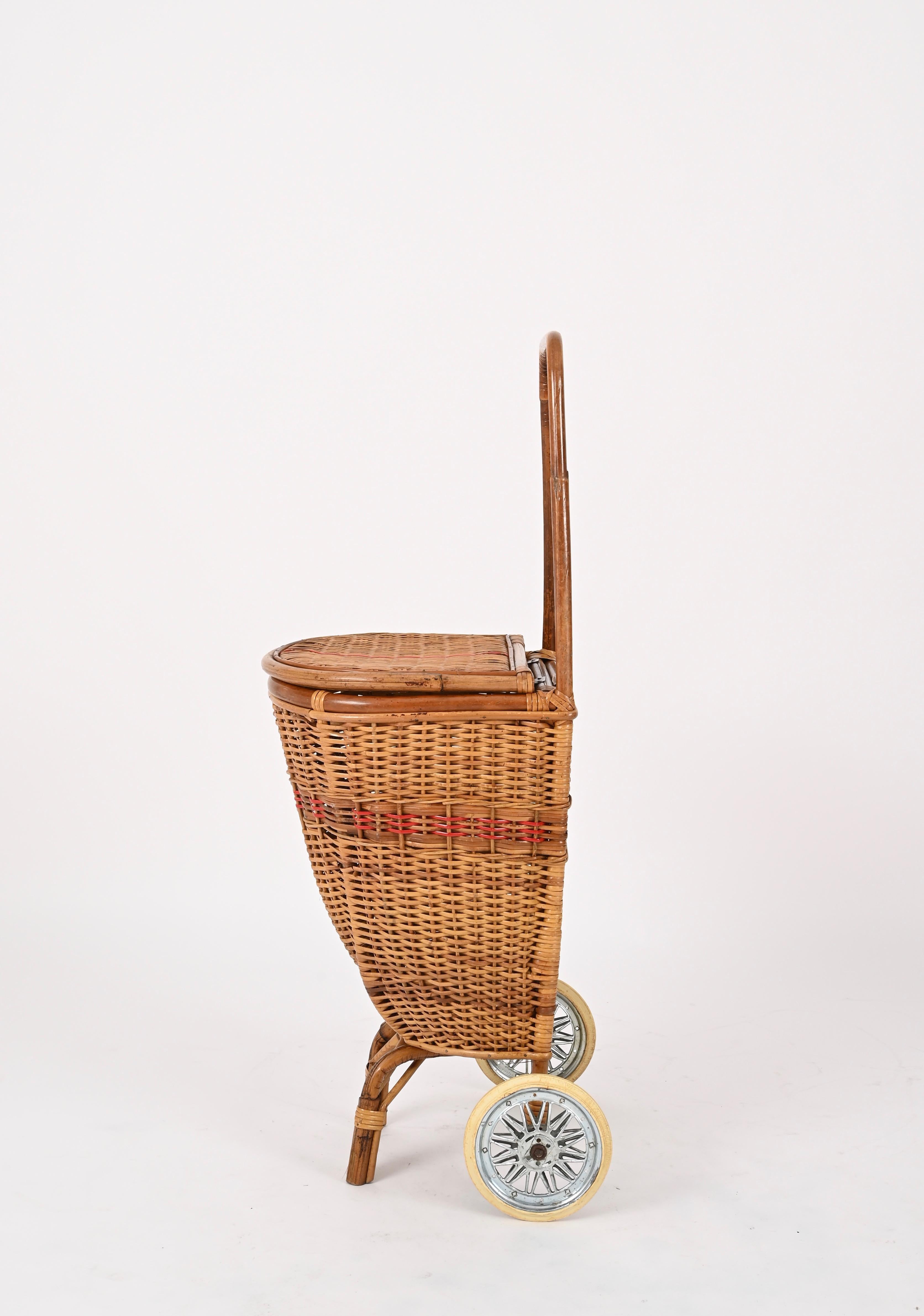 French Riviera  Woven Wicker and Rattan Shopping Trolley, Basket, Italy 1960s 5
