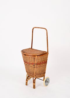 French Riviera  Woven Wicker and Rattan Shopping Trolley, Basket, Italy 1960s