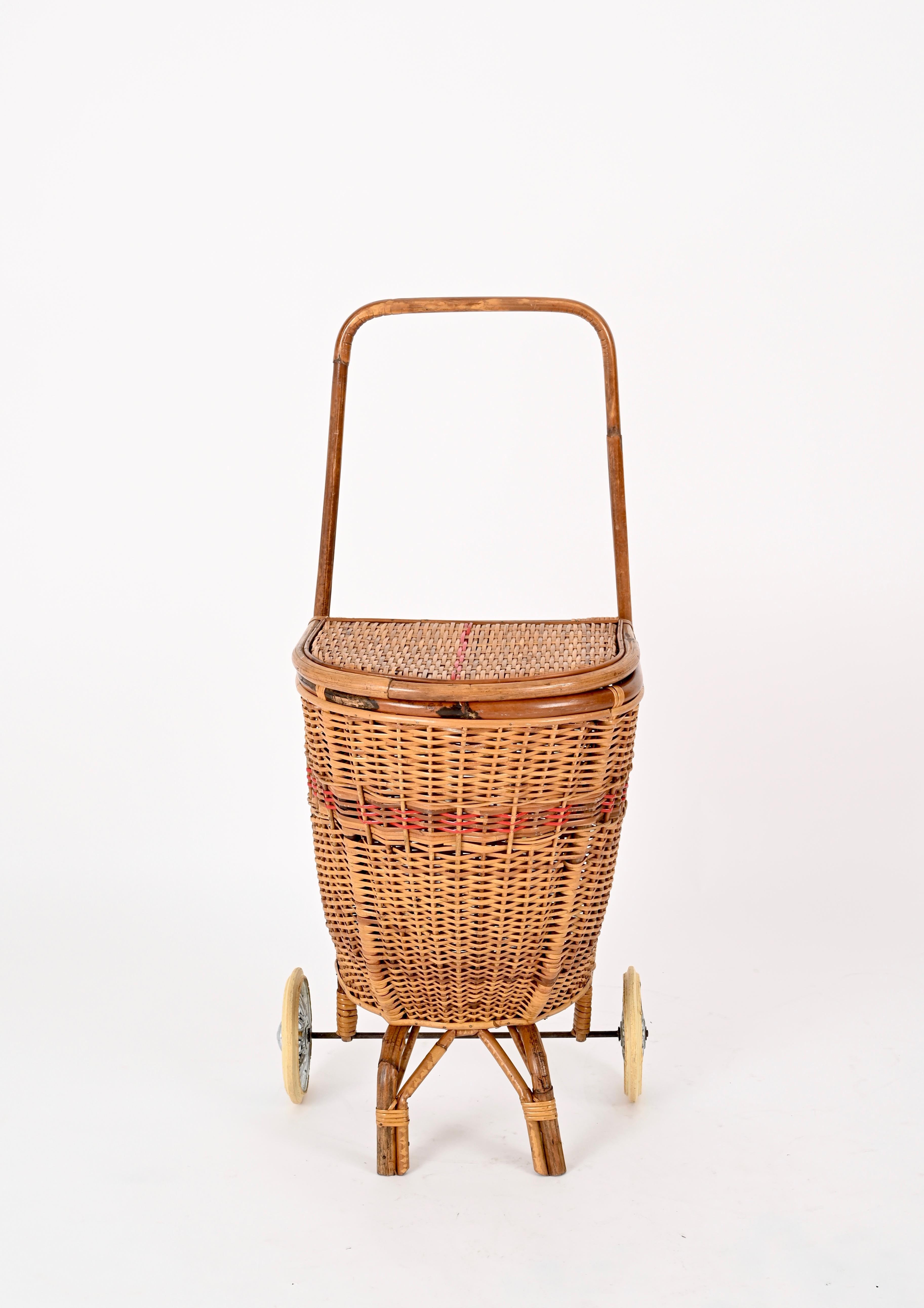 wicker shopping basket on wheels