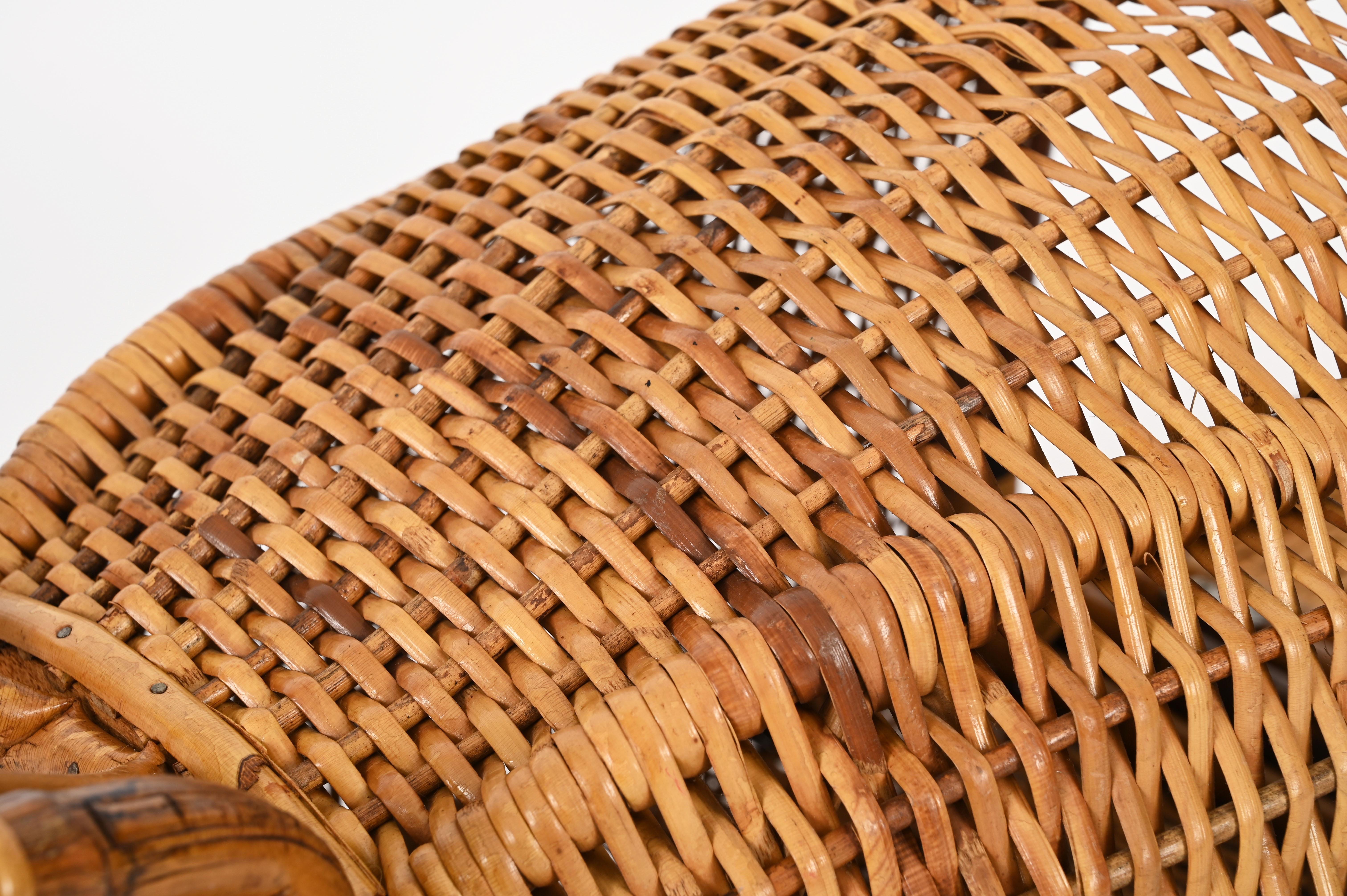 Italian French Riviera  Woven Wicker and Rattan Shopping Trolley, Basket, Italy 1960s