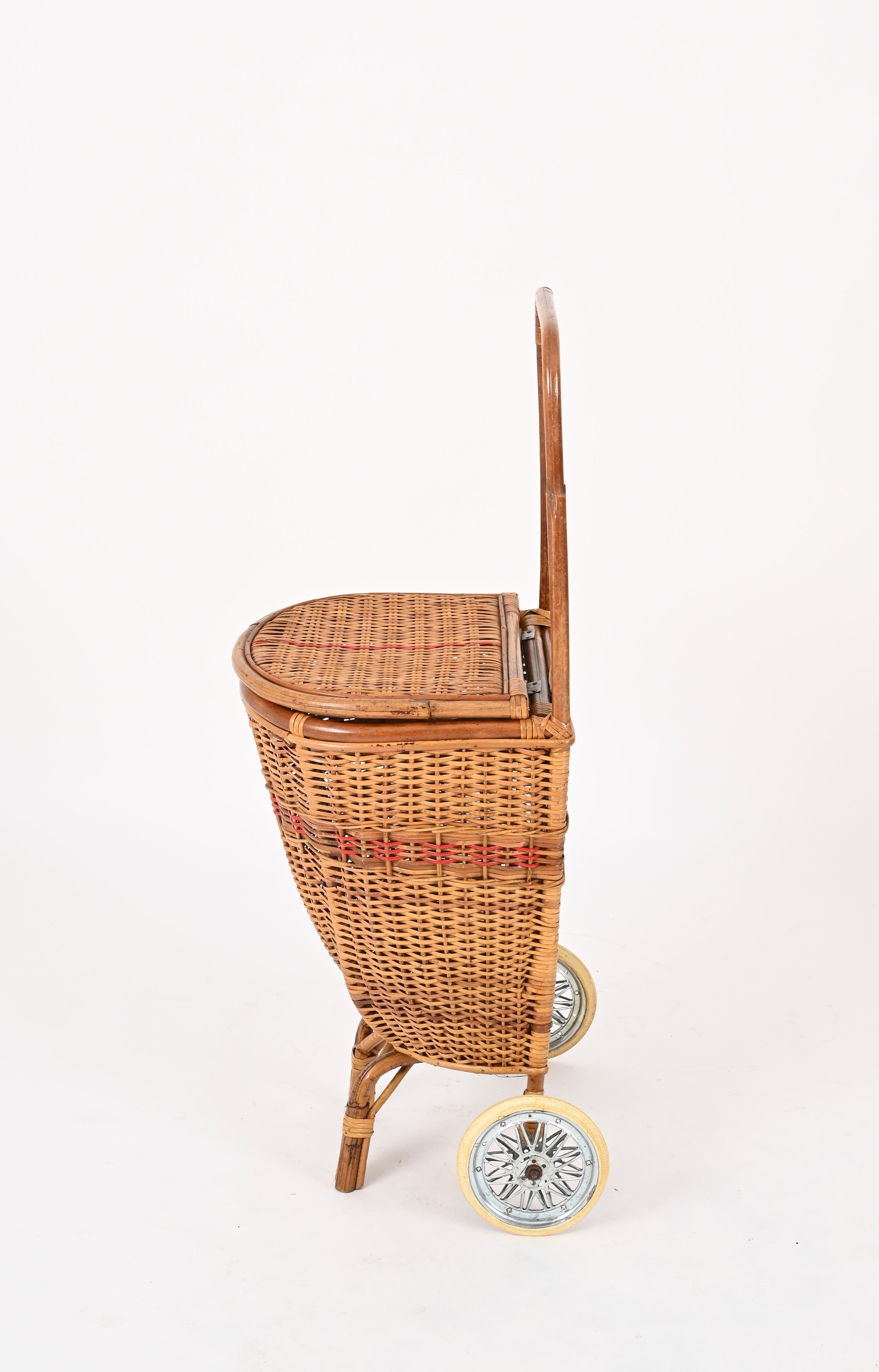 Hand-Woven French Riviera  Woven Wicker and Rattan Shopping Trolley, Basket, Italy 1960s
