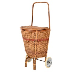 Vintage French Riviera  Woven Wicker and Rattan Shopping Trolley, Basket, Italy 1960s