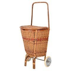 Côte d'Azur  Shoppingwagen aus gewebtem Korbweide und Rattan, Korb, Italien 1960er Jahre