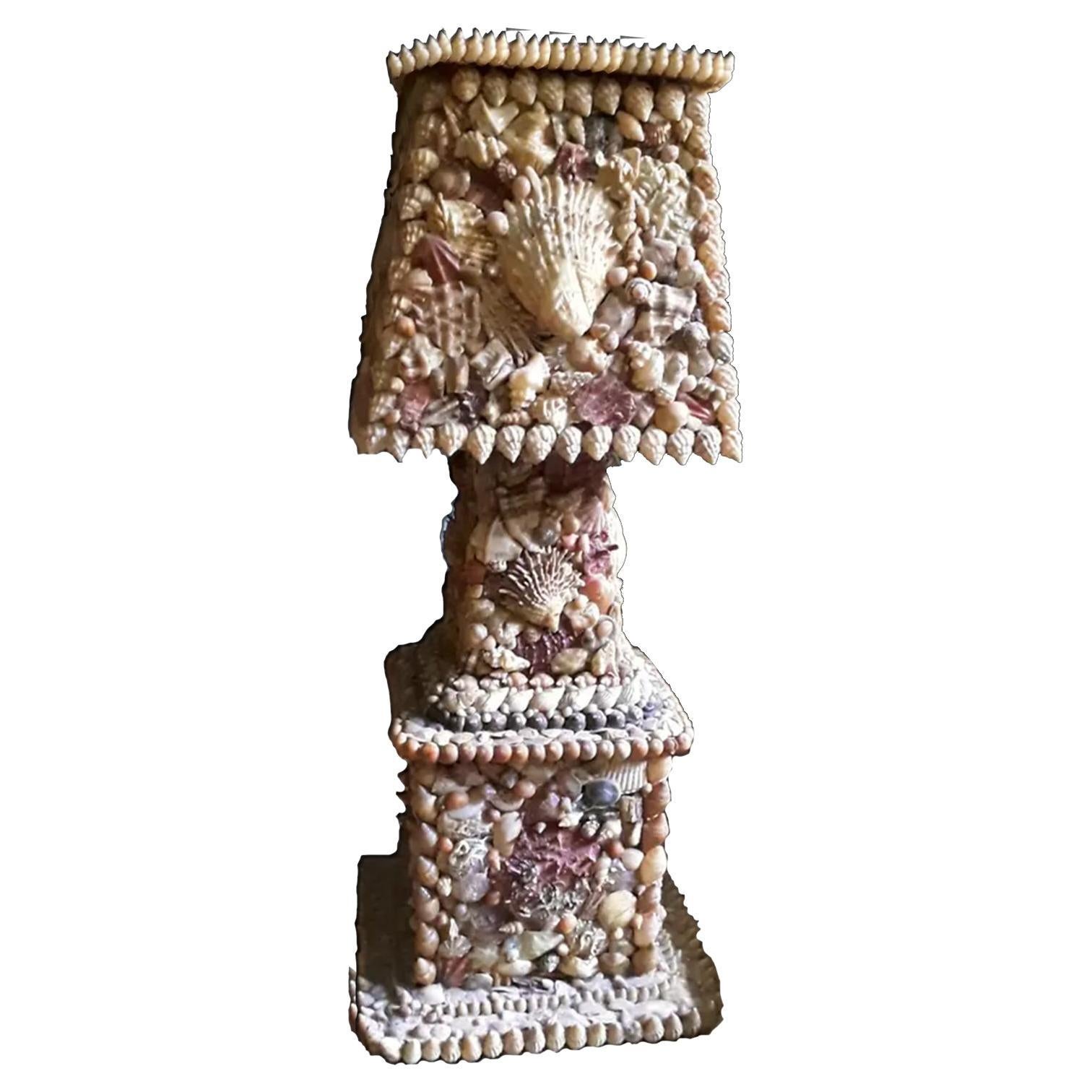 Folk Art French Riviere Table Lamp  Handmade With Shells, France Early 20th Century For Sale