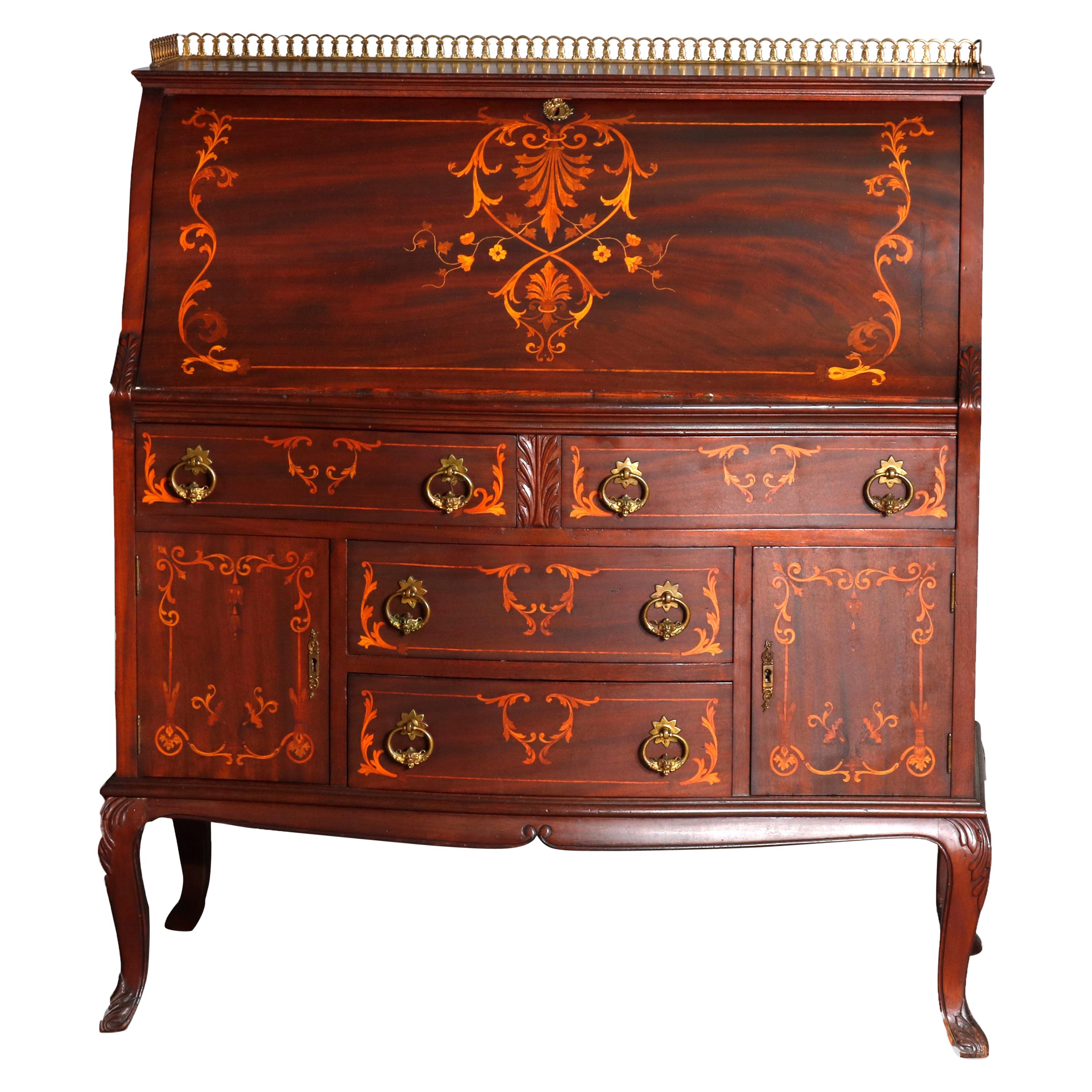 French RJ Horner Style Mahogany and Satinwood Inlaid Drop Front Desk, circa 1900