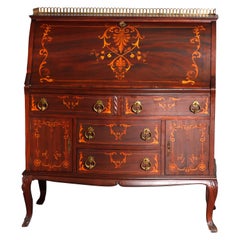 French RJ Horner Style Mahogany and Satinwood Inlaid Drop Front Desk, circa 1900