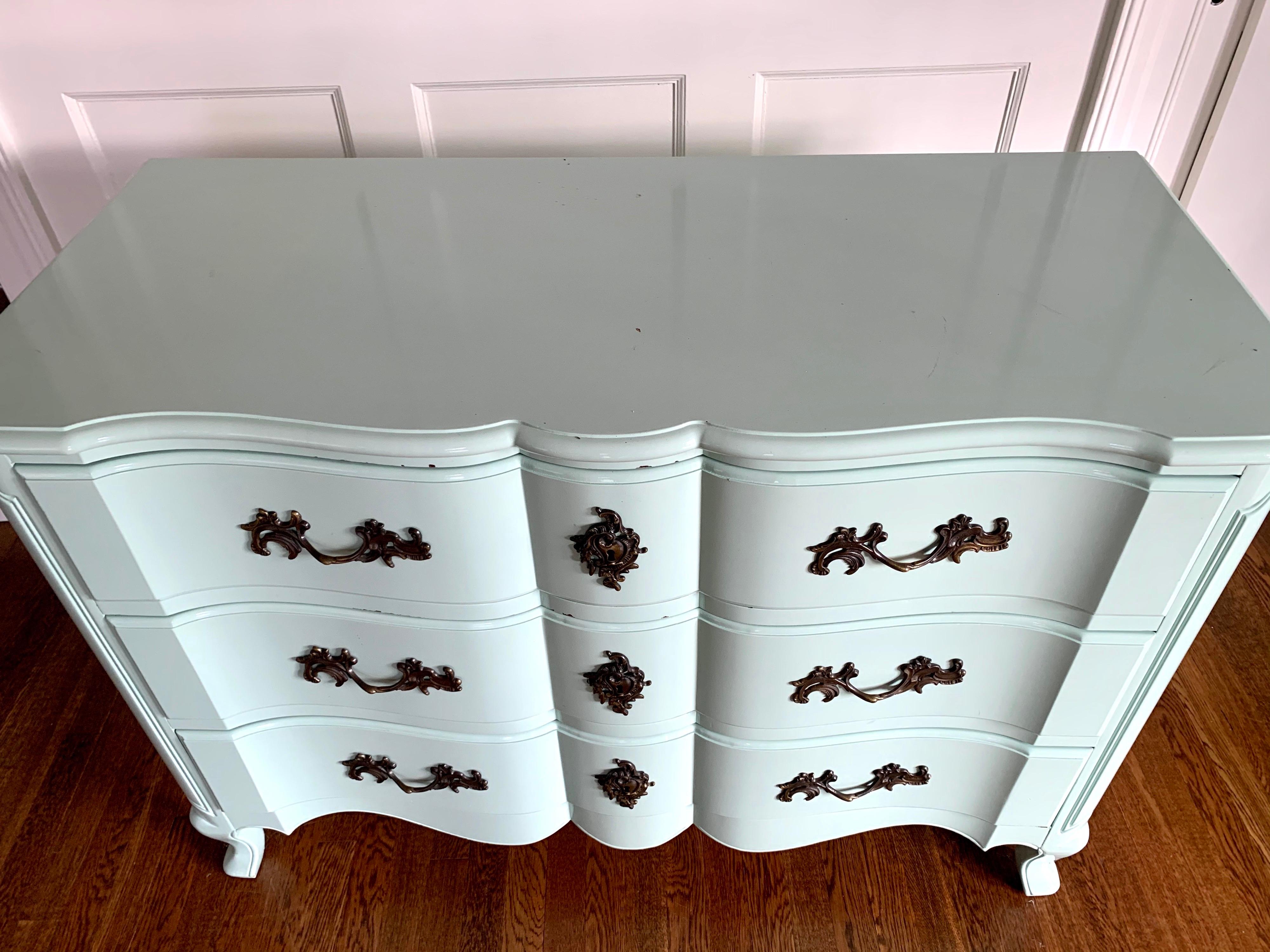 French Provincial French Robins Egg Blue Lacquered Three-Drawer Dresser Chest of Drawers Commode