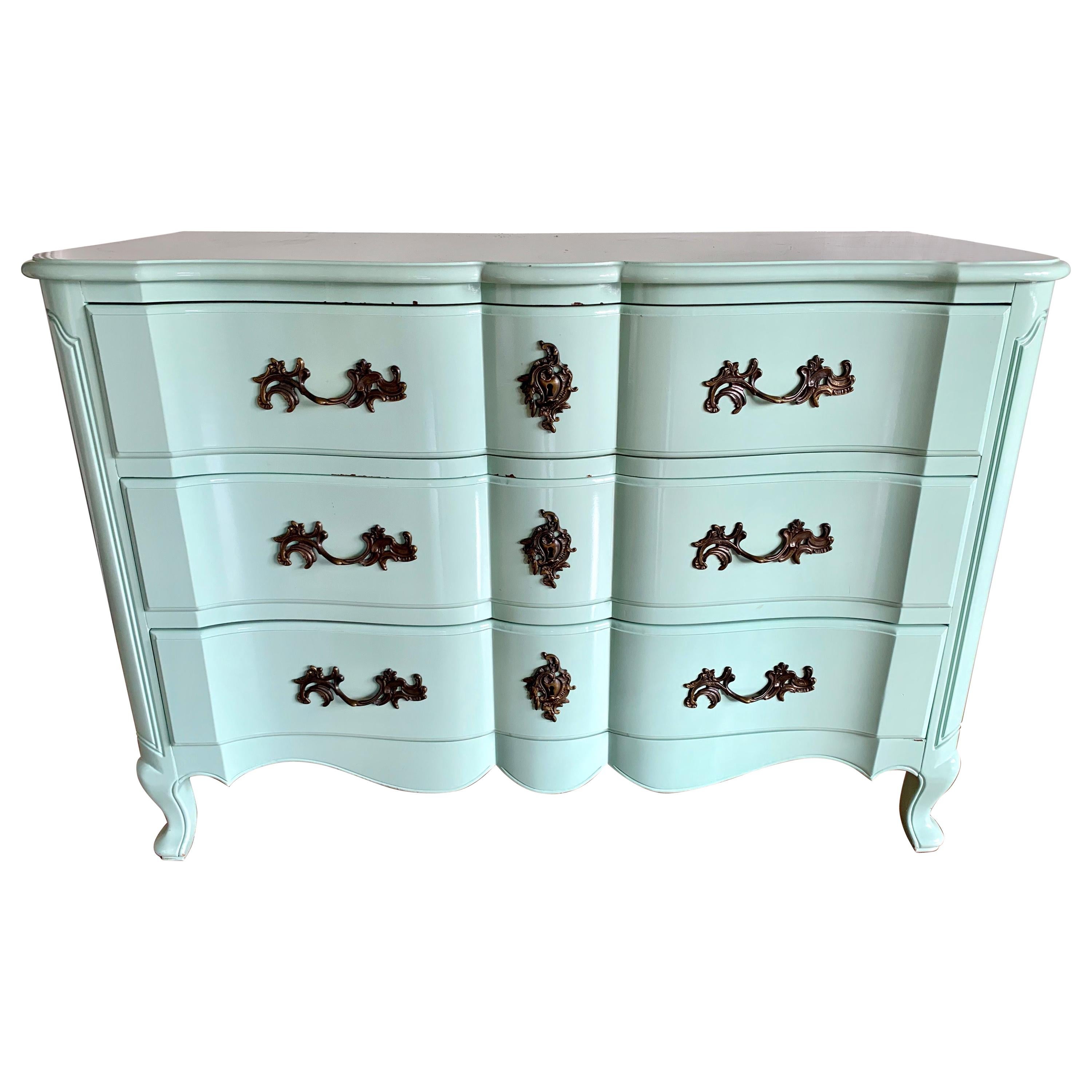 French Robins Egg Blue Lacquered Three-Drawer Dresser Chest of Drawers Commode