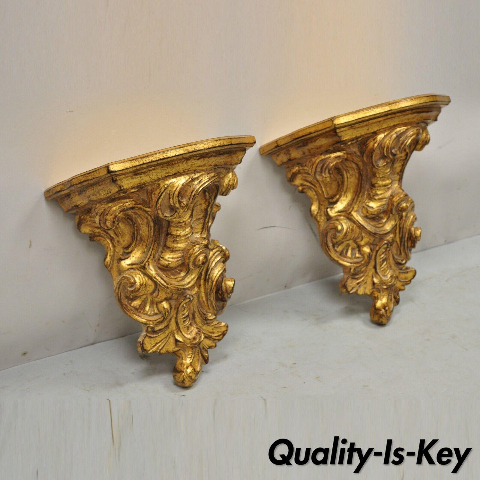 French Rocco Baroque Style Gold Giltwood 14" Wall Bracket Shelves - a Pair For Sale