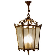 French Rocco Brass and Etched Glass Lantern Hall Light
