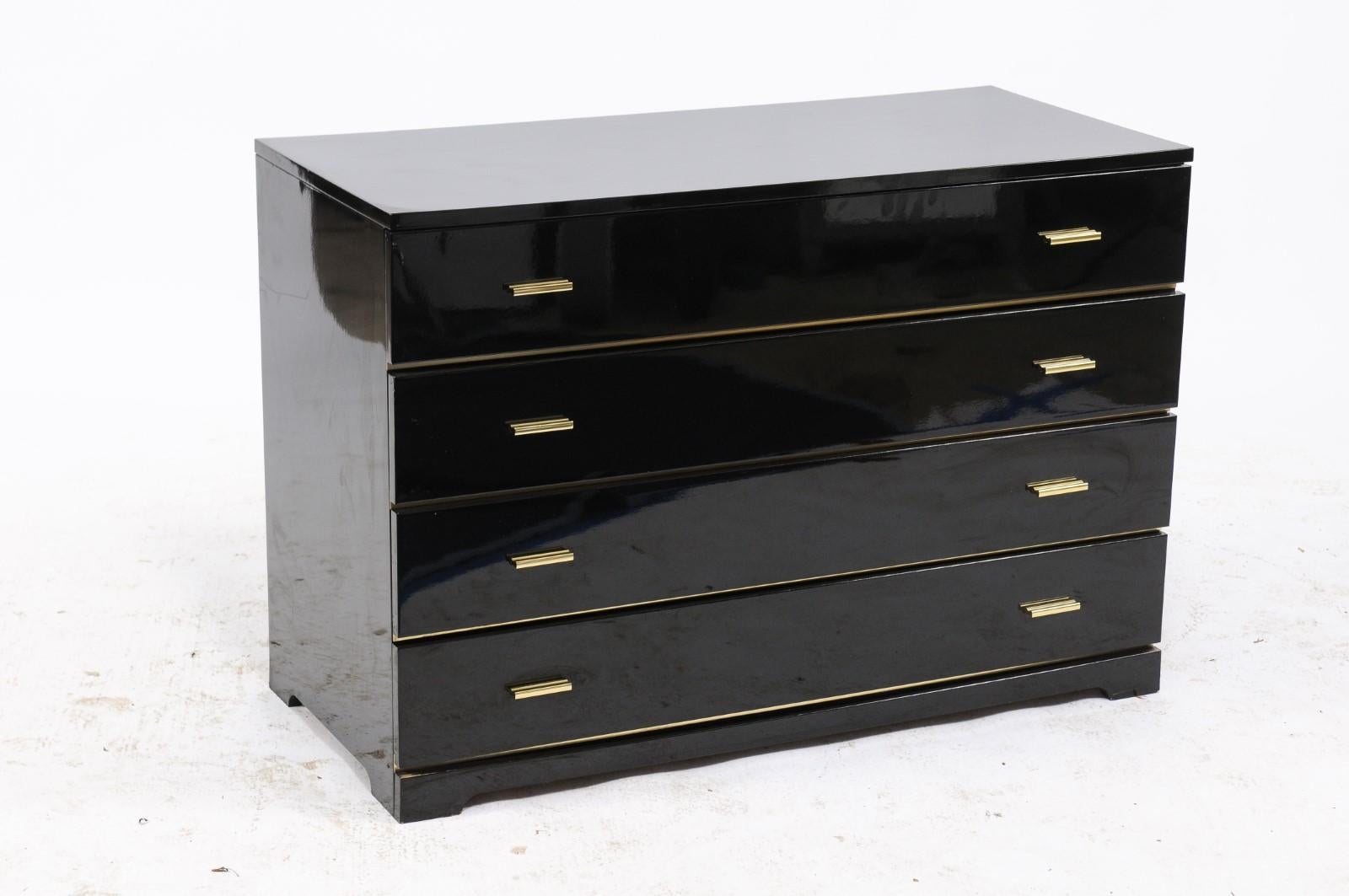 French Roche Bobois 1960s Four-Drawer Black Lacquer Dresser with Brass Hardware 3