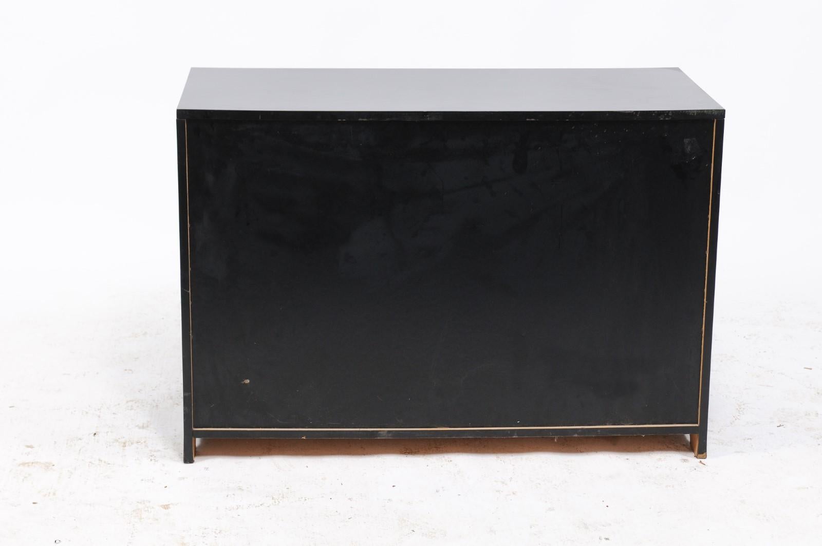 Mid-Century Modern French Roche Bobois 1960s Four-Drawer Black Lacquer Dresser with Brass Hardware
