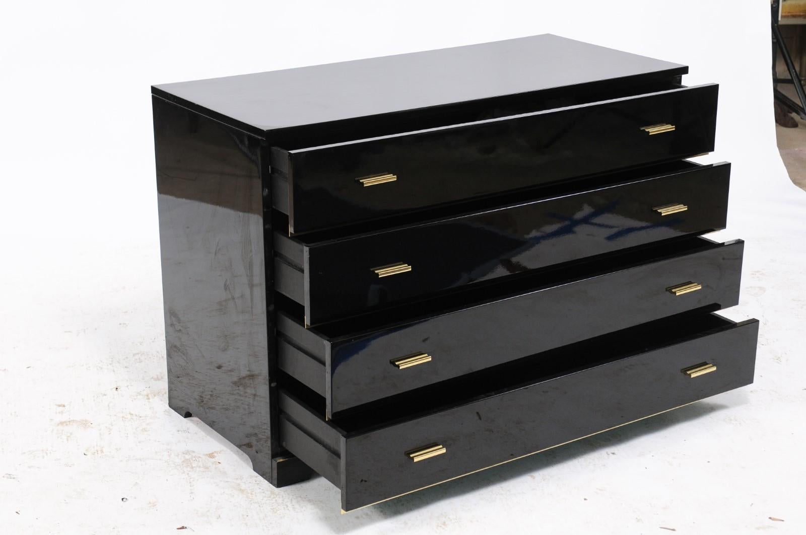 20th Century French Roche Bobois 1960s Four-Drawer Black Lacquer Dresser with Brass Hardware