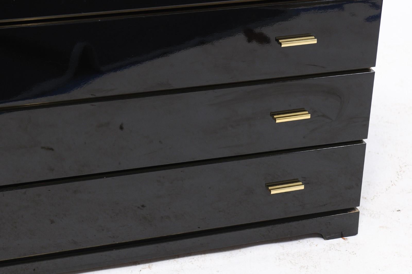 French Roche Bobois 1960s Four-Drawer Black Lacquer Dresser with Brass Hardware 1