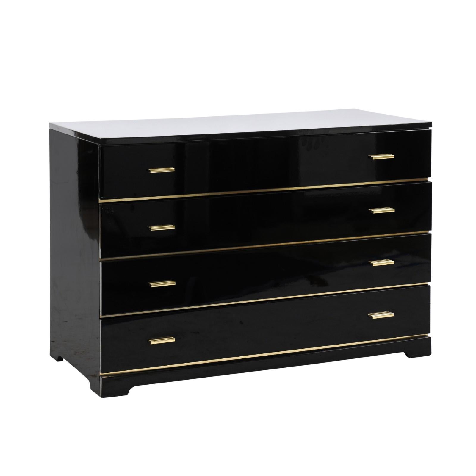French Roche Bobois 1960s Four-Drawer Black Lacquer Dresser with Brass Hardware