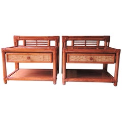 French Roche Bobois Wicker Rattan Nightstand End Tables, Pair