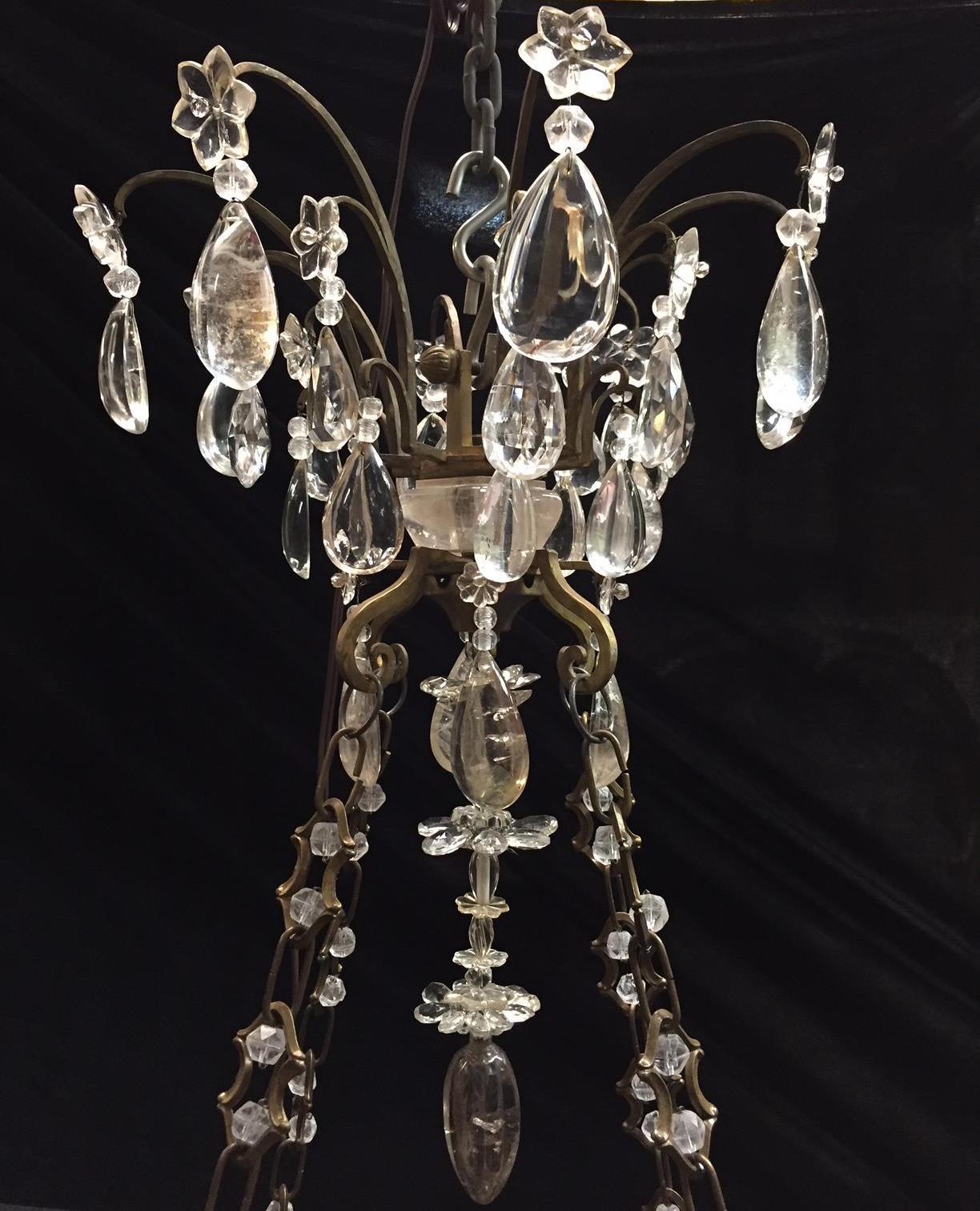 Hand-Carved French Rock Crystal and Bronze Chandelier, 19th Century For Sale