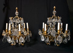 Girandole francesi in cristallo di rocca e bronzo dorato, 19° secolo