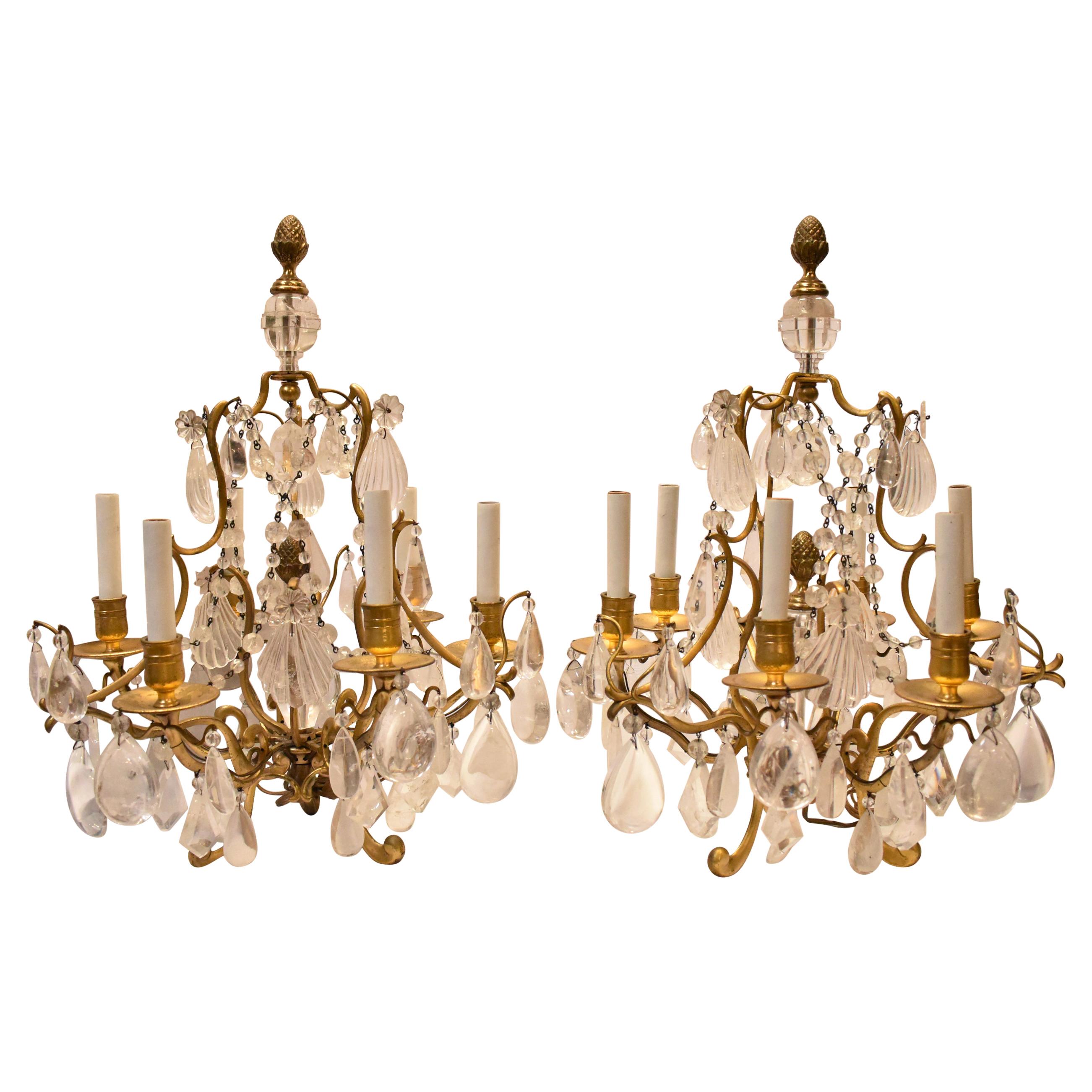 French Rock Crystal and Gilt Bronze Girandoles, 19 Century For Sale
