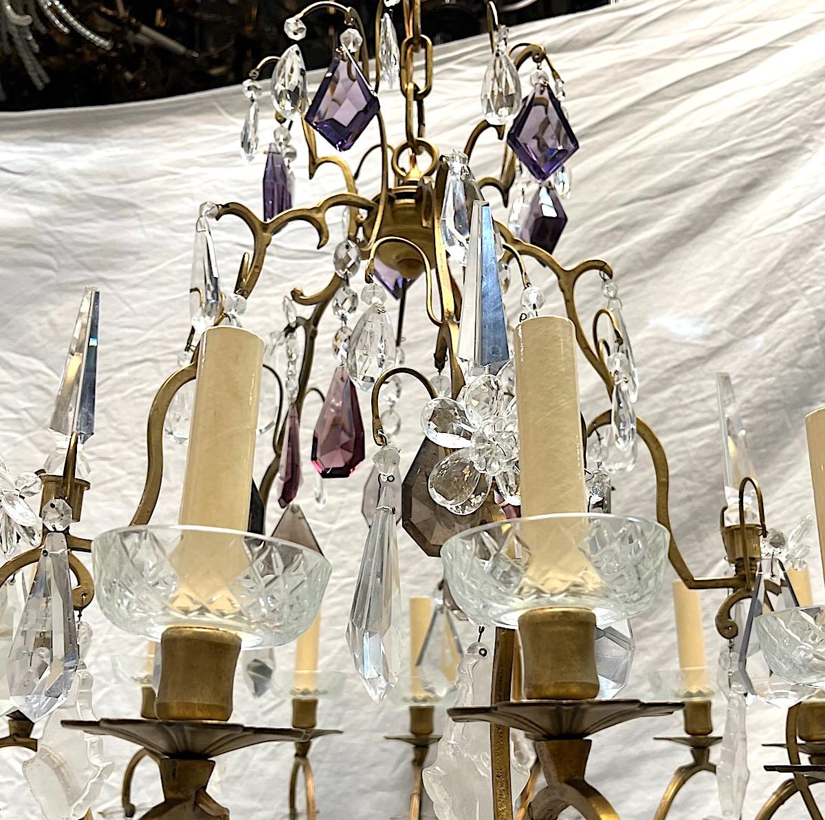 French Rock Crystal & Gilt Metal Chandelier In Good Condition For Sale In New York, NY