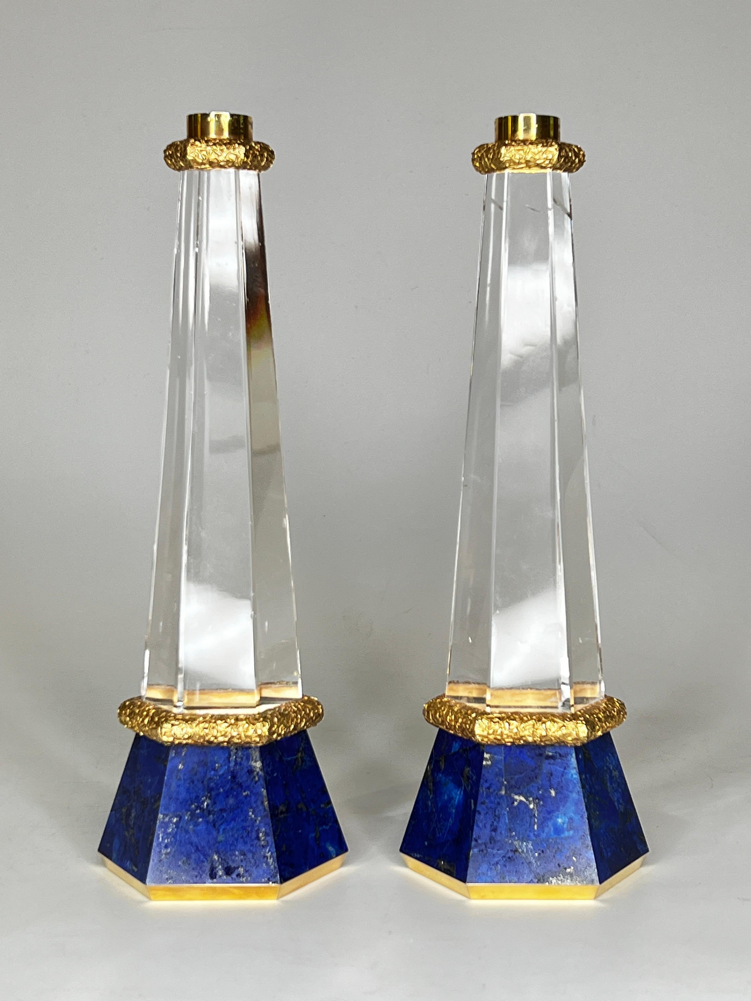 Our wonderful French candlesticks with hexagonal shape feature gilt metal bases with lapis lazuli stone veneer, exceptional rock crystal standards and gilt metal candle holders. The quality of the quartz is exceptional with very few occlusions. Each