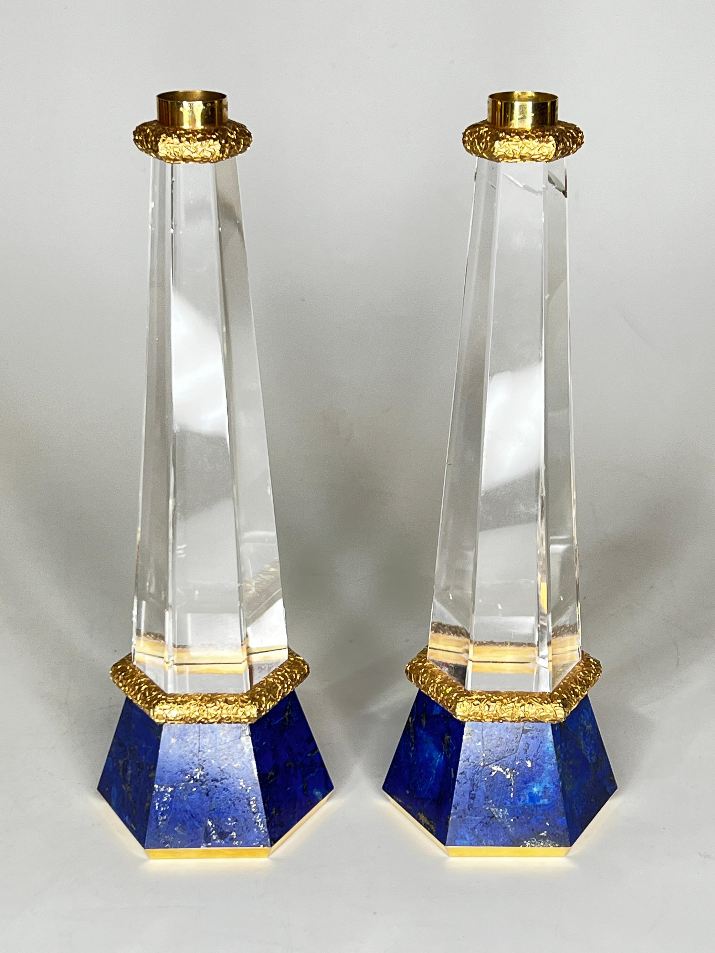 Mid-Century Modern Rock Crystal and Lapis Lazuli Candlesticks For Sale