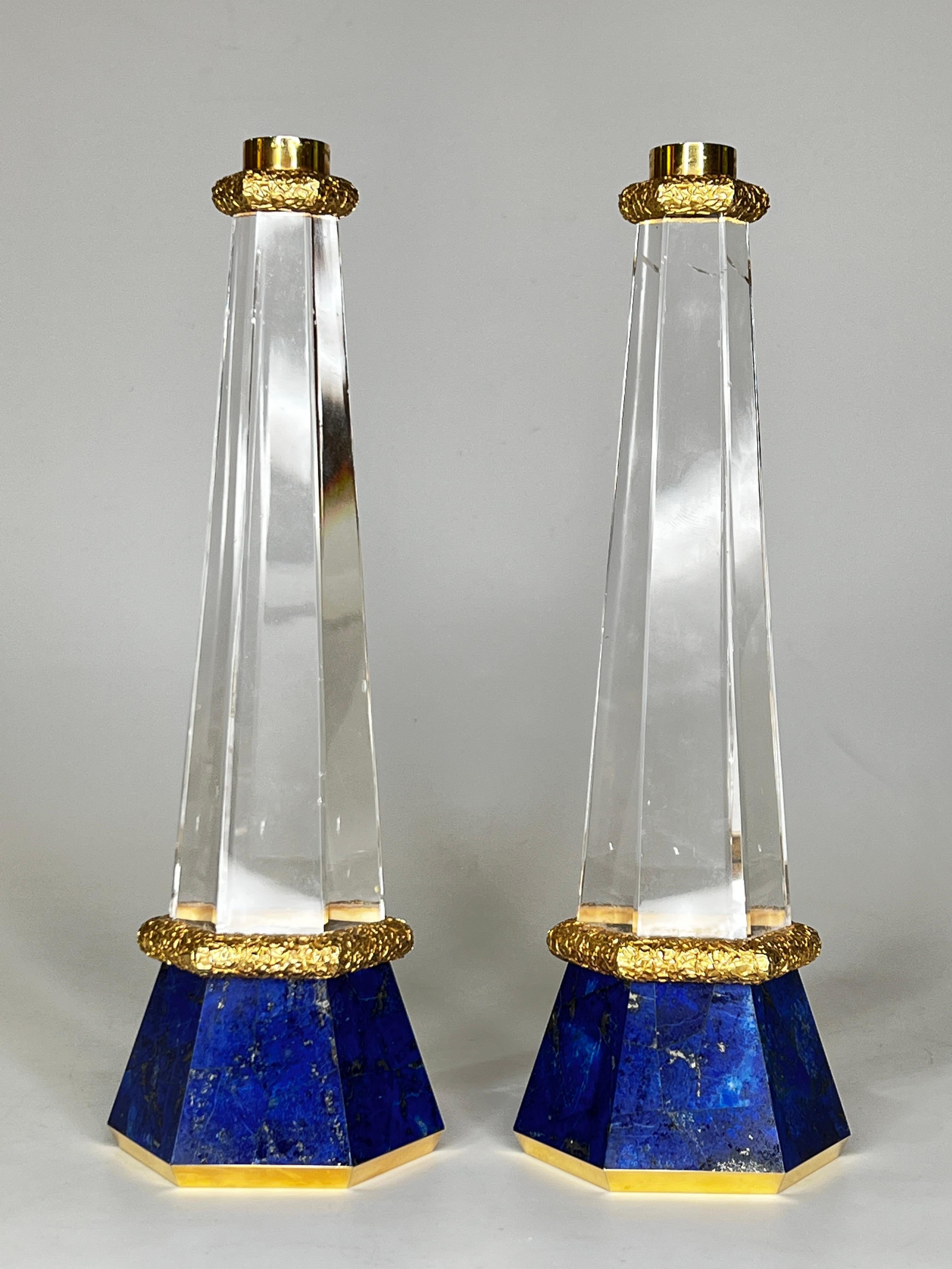 French Rock Crystal and Lapis Lazuli Candlesticks For Sale