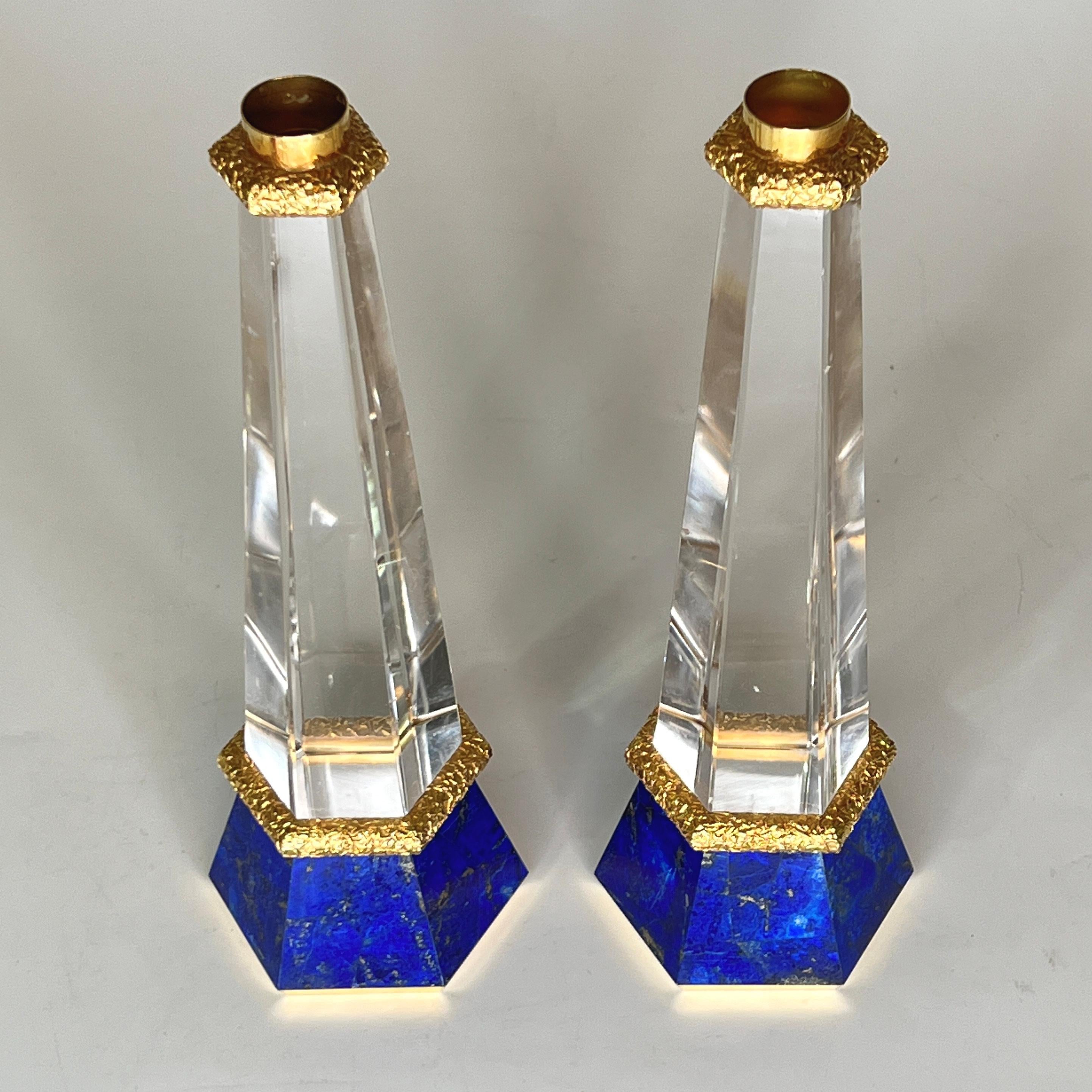 Gilt Rock Crystal and Lapis Lazuli Candlesticks For Sale