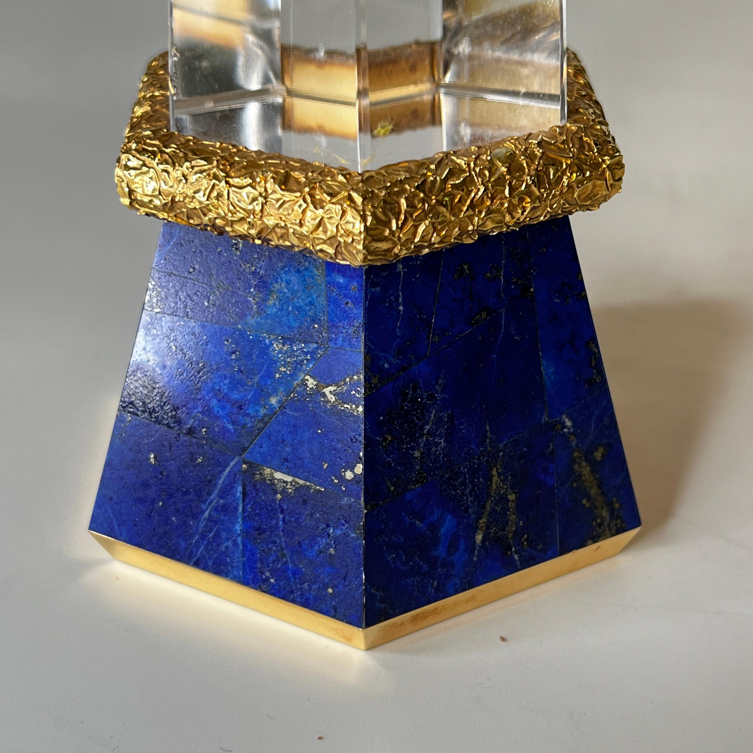 Brass Rock Crystal and Lapis Lazuli Candlesticks For Sale