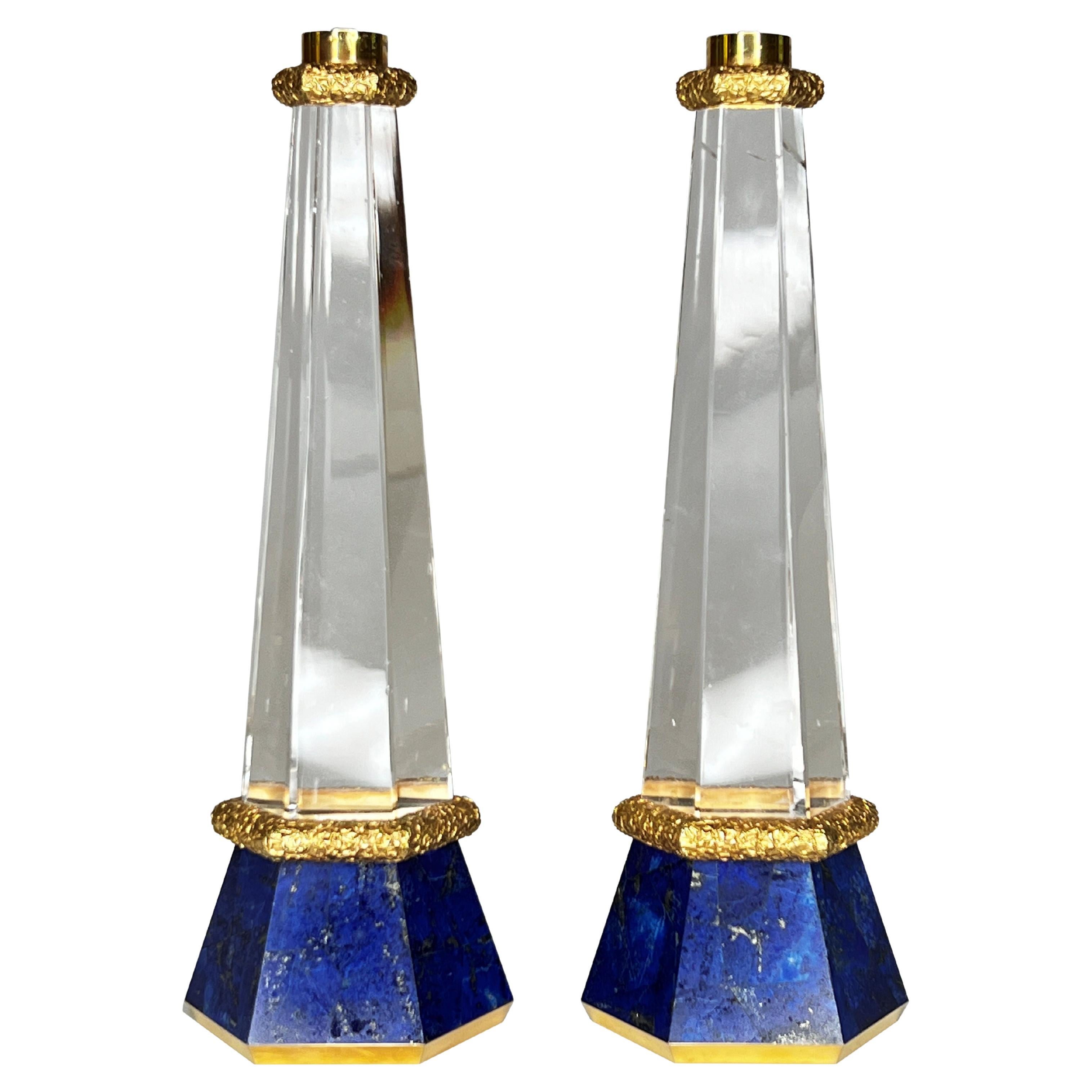 Rock Crystal and Lapis Lazuli Candlesticks For Sale