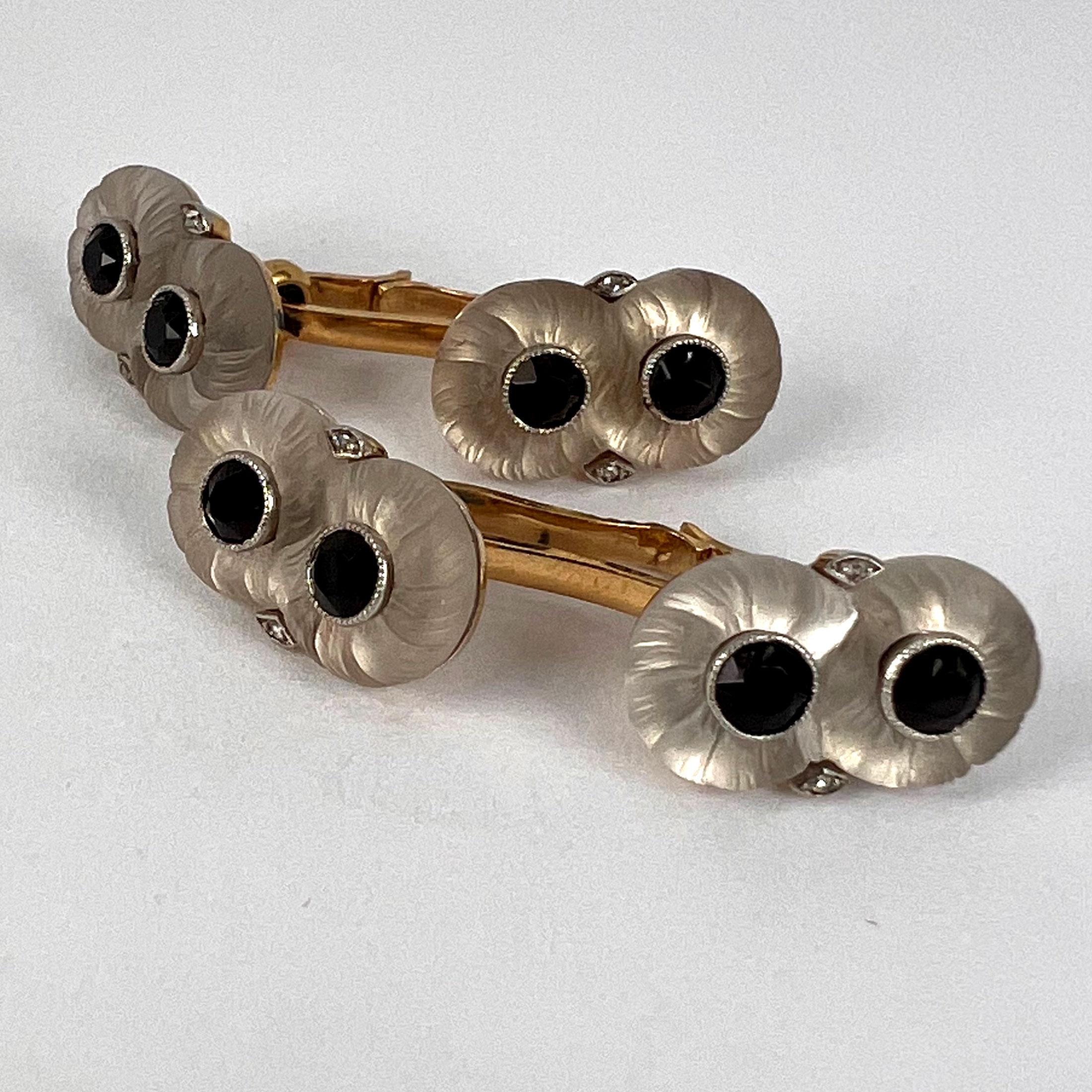 French Rock Crystal Onyx and Diamond 18K Yellow Gold Platinum Cufflinks For Sale 4