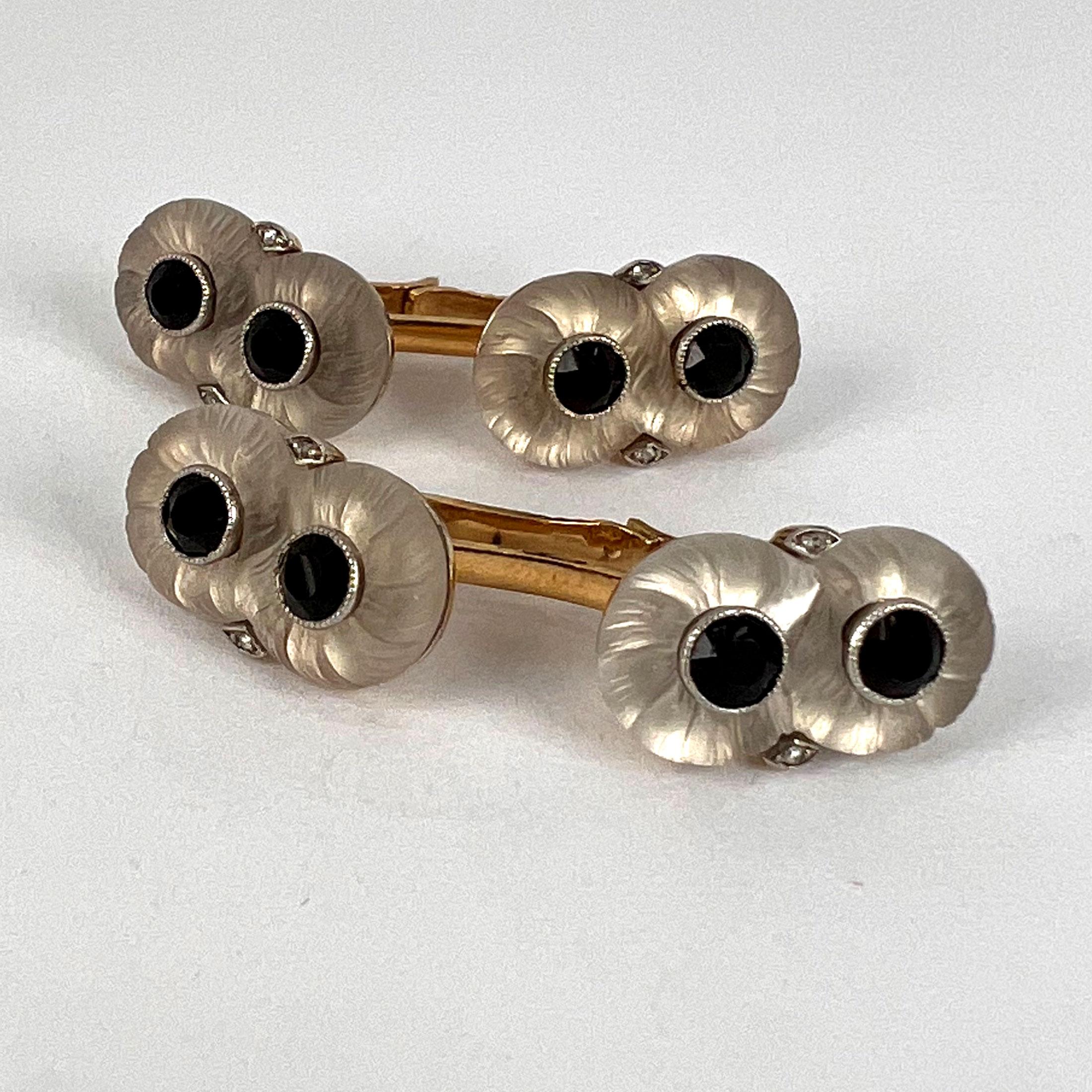 French Rock Crystal Onyx and Diamond 18K Yellow Gold Platinum Cufflinks For Sale 6